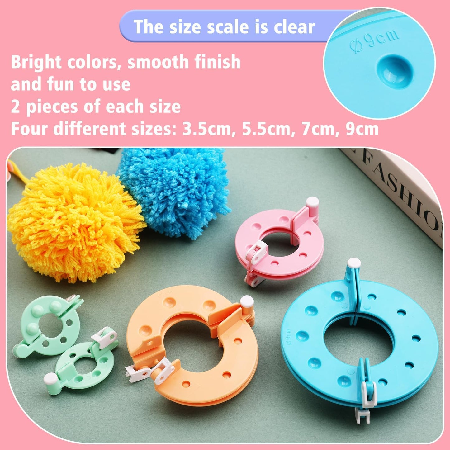 FTEVEN 41Pcs Pom Pom Maker, 8 Size Pompom Maker Kits with Warped Head Scissor and Instruction, Used for Fluff Ball Weave DIY Crochet Knitting, Pom Pom Maker for Yarn Knitting Craft Project