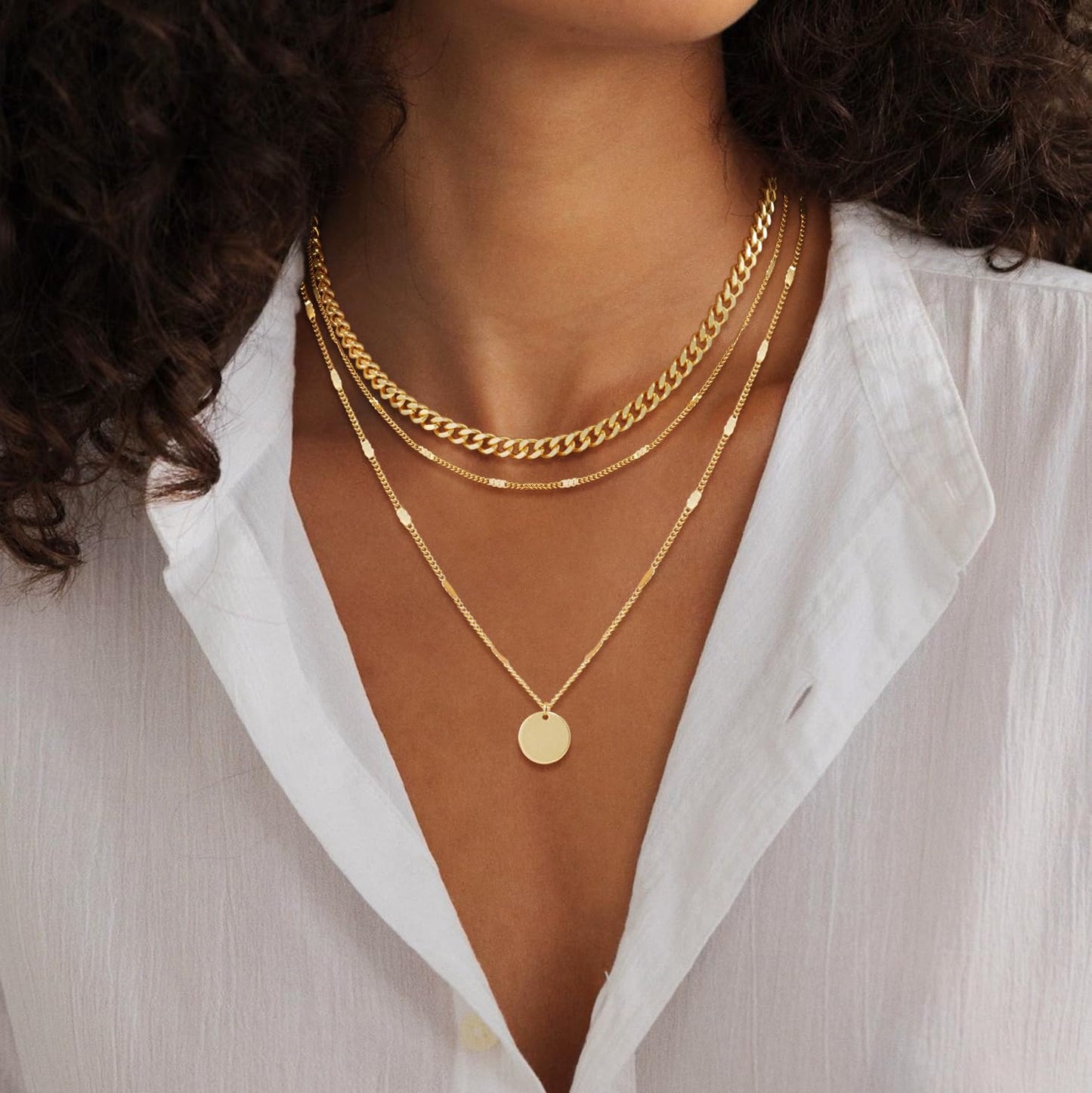MFRYK Gold Necklaces Stack, 14K Gold Plated Simple Layered Choker Necklaces, Stackable Multilayer Disc Coin Pendant Cuban Link Chain Dot Chain Layering Necklaces Set