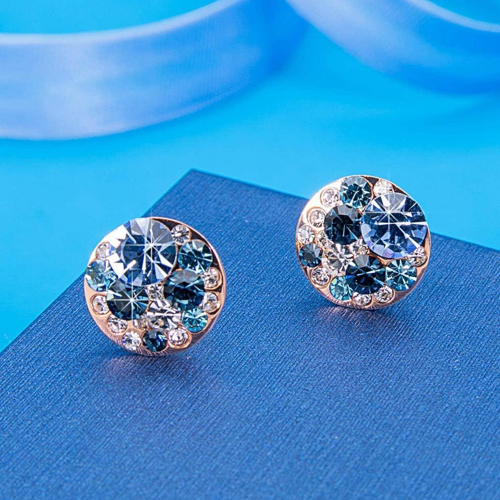 Multicolored Austrian Crystal Rhinestone Stud Earrings for Women Fashion S925 Sterling Silver Hypoallergenic Jewelry (Blue Main Crystal/Rose Gold-tone)