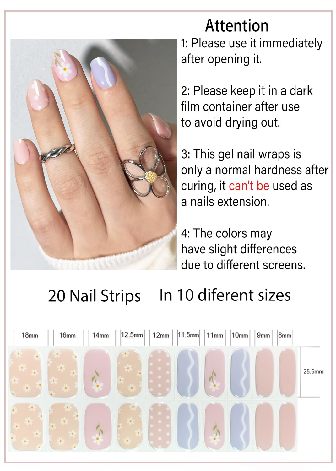 Spring Semi Cured Gel Nail Strips, Flower 20pcs Adhesive UV Sticker, Wraps for Home Manicure DIY