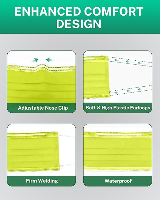 Disposable Face Masks Made in USA, 4 Ply for Families, Students, Breathable All-Day Wear & Safety, FSA HSA Eligible, ASTM Level 3 Medical Grade, 50 Pack, Green