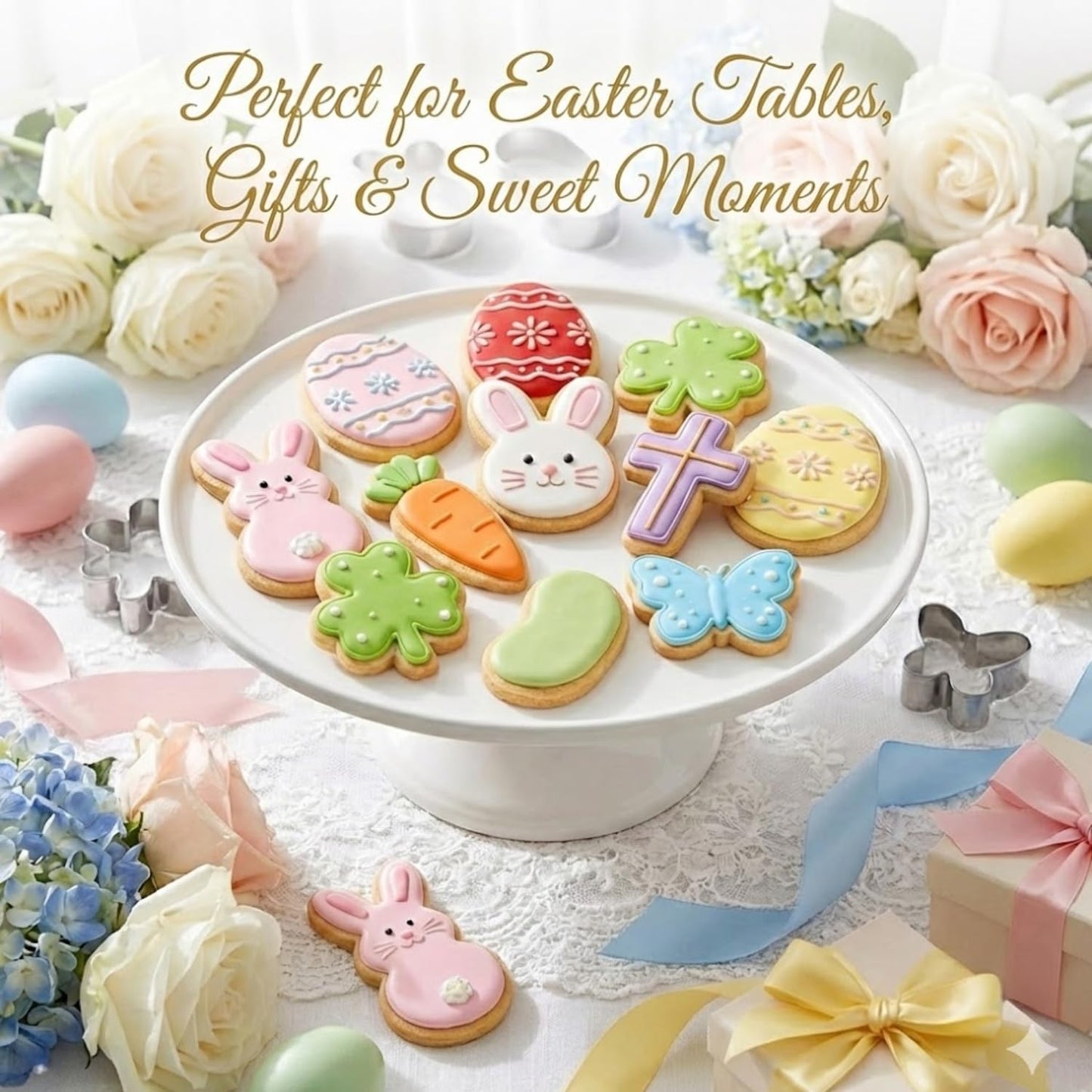 LUBTOSMN 9-Piece Mini Easter Cookie Cutter Set, Shamrock, Bunny, Egg, Carrot, Flower, Butterfly and Bean Shapes - Dishwasher Safe Stainless Steel Molds for Spring Easter and St. Patrick's Day Decor