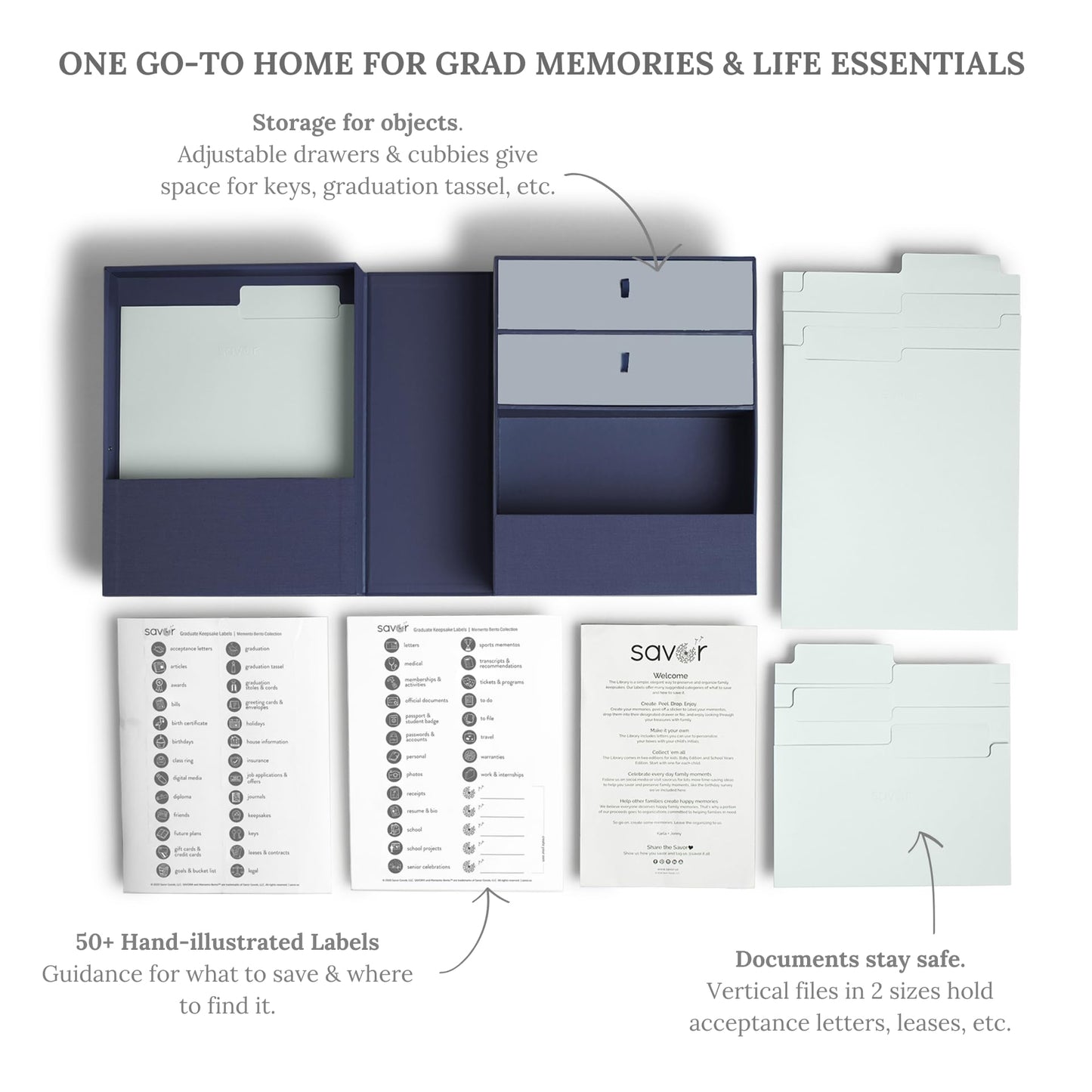 Savor | Life Essentials & Graduate Keepsake Organizer | Keep High School and College Graduation Memorabilia Organized and Safe in One Convenient Home with this Gift for Students and Grads