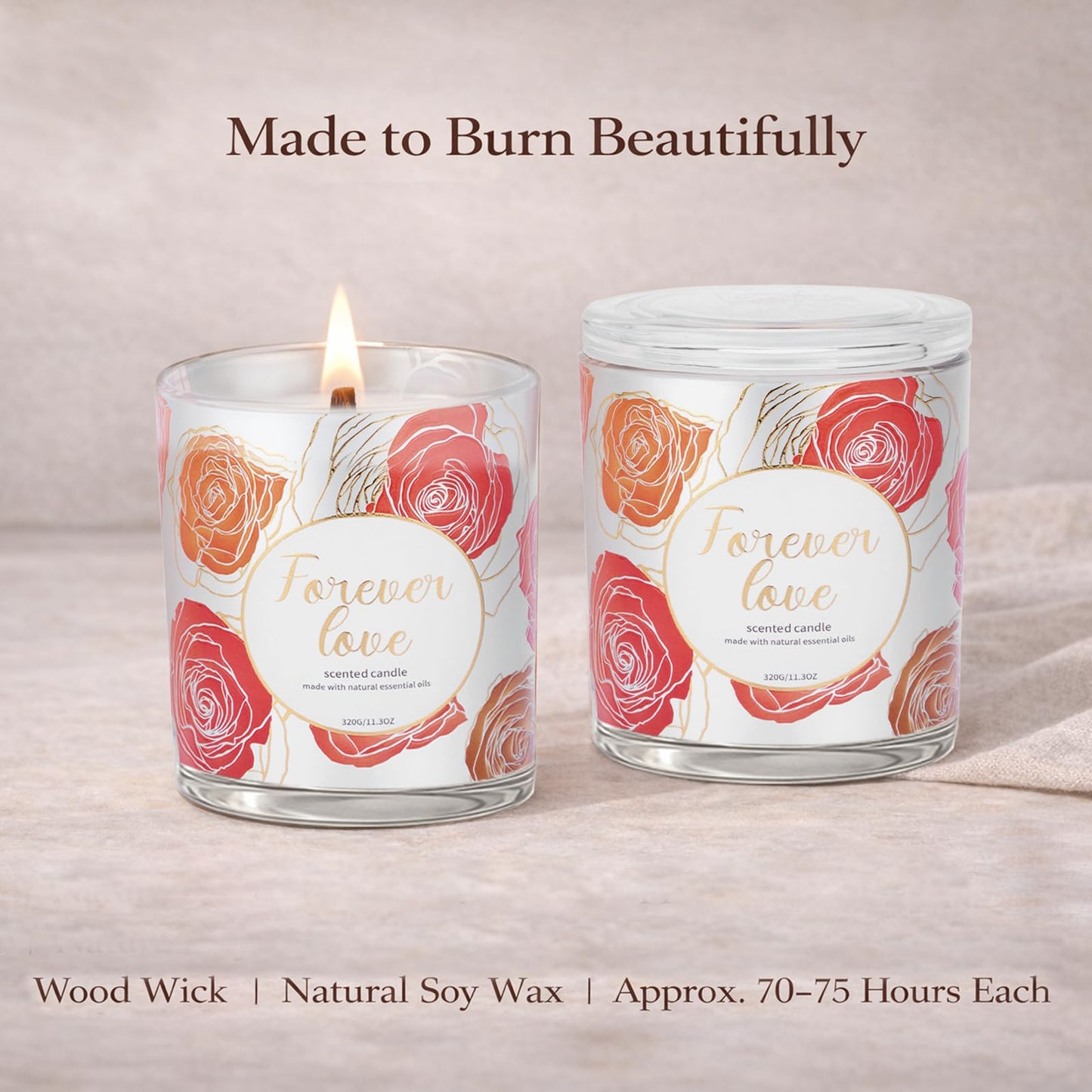 2 Pack Wood Wick Soy Wax Candle Gift Set for Women, Rose & Peony and Vanilla Amber, 11.3 Oz Each, Individually Boxed