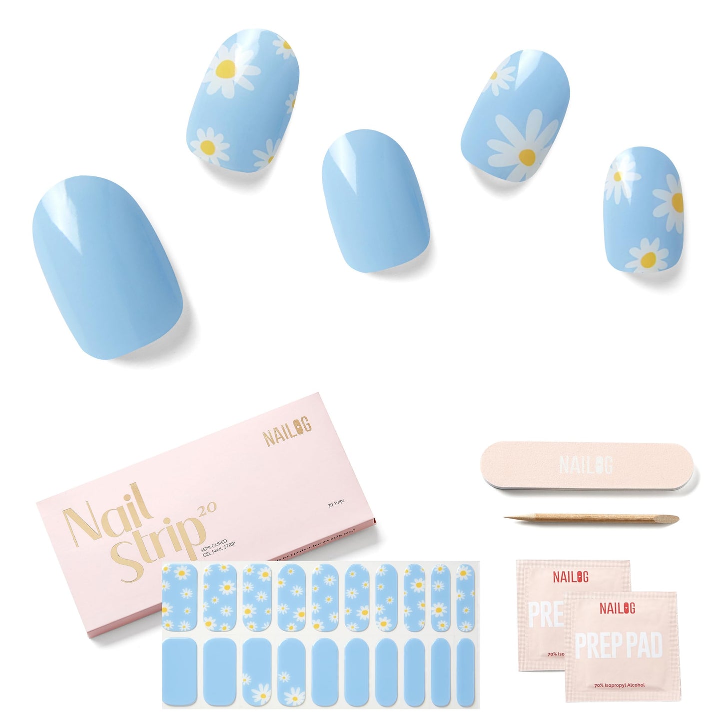 Semi Cured Gel Nail Strips - NAILOG 20 Pcs Blue Flowers Nail Stickers Extra Long Wraps with Glossy Gel Finishing for Spring Summer, Petals in the Wind