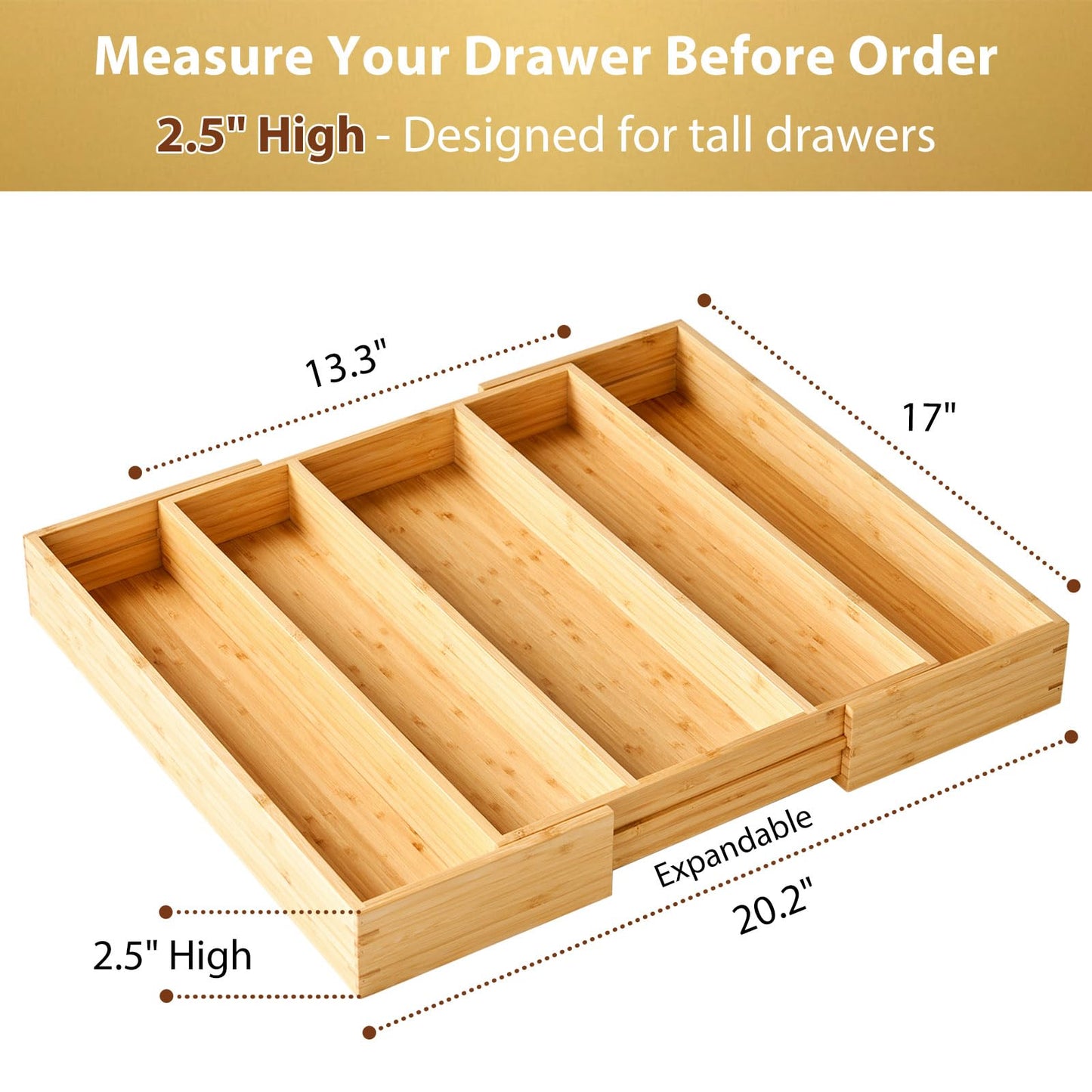 Umilife Expandable Kitchen Drawer Organizer, 2.5" High Bamboo Utensils Silverware Tray, Adjustable Large Deep Wood Organization Holder