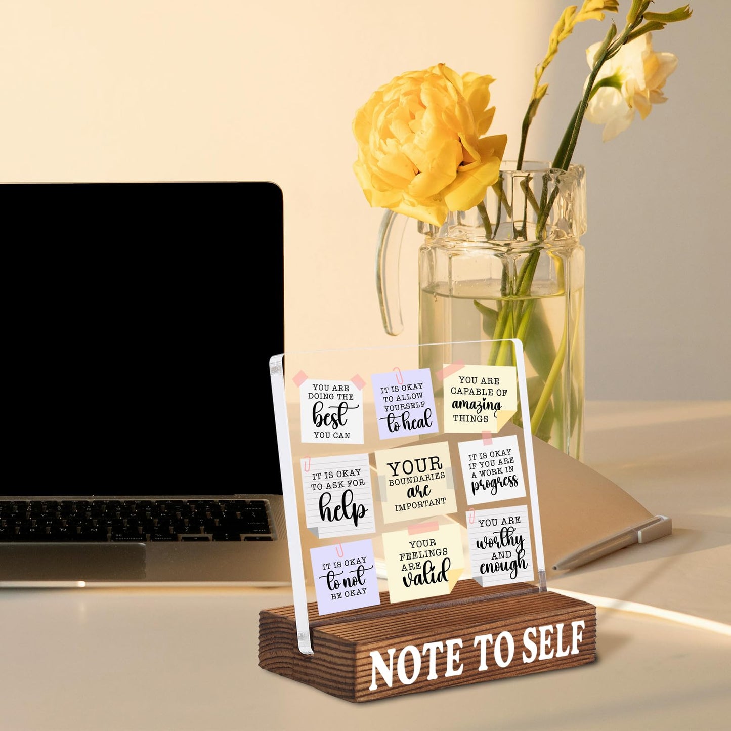 Inspirational Desk Decor with Positive Self Reminder, Acrylic Note Style Sign with Rustic Wood Base, Encouragement Gift for Home Office Coworker Friend SNOTE10