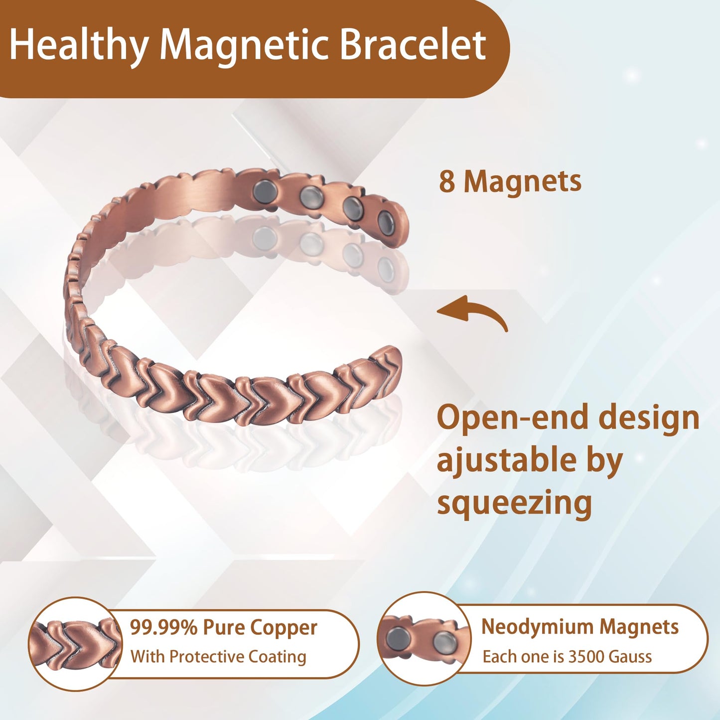 EnerCoppeX Copper Magnetic Bracelet for Women - Detox Jewelry with 3500 Gauss Magnet, Adjustable Cuff Bangle (Type-D)