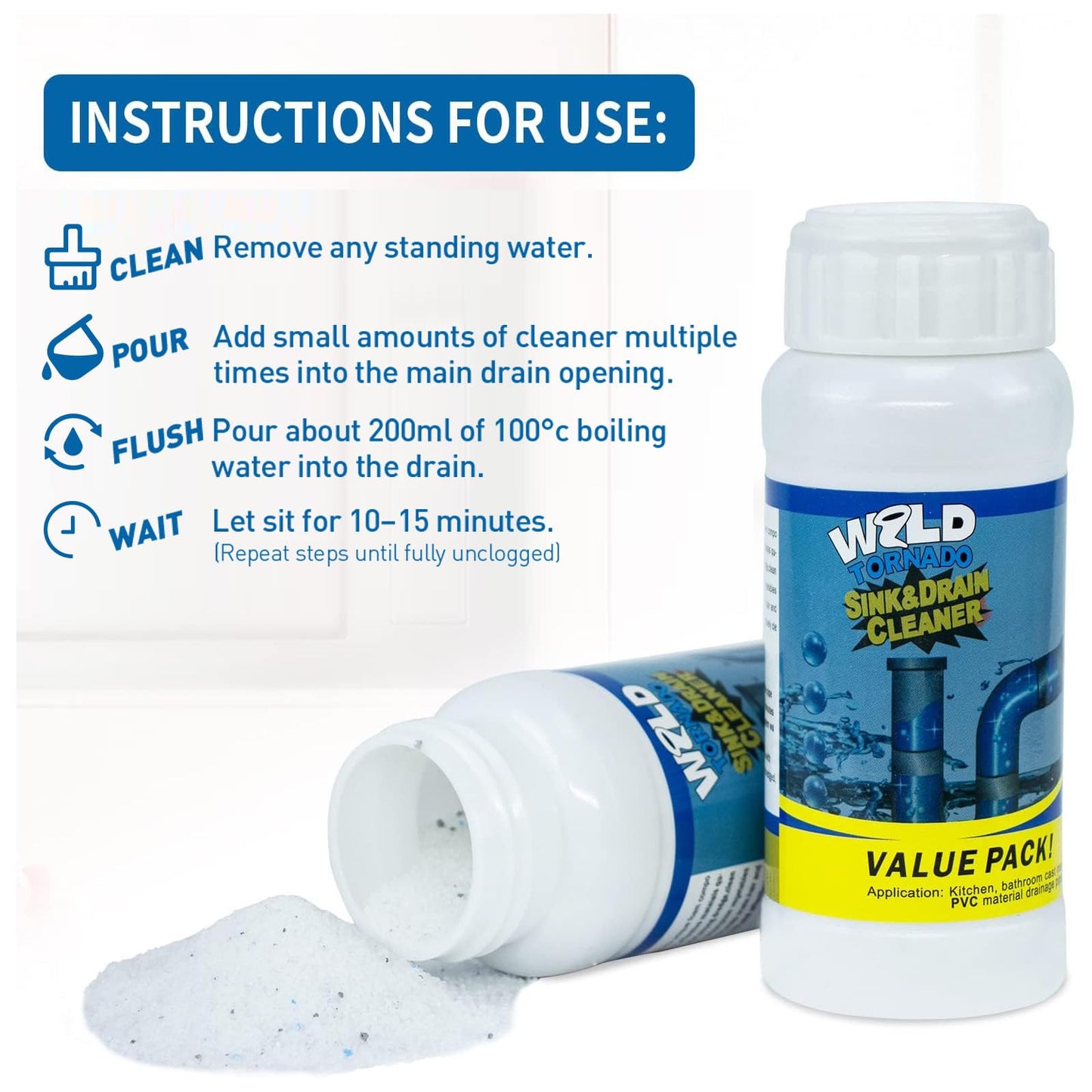 Wild Tornado Pipe Dredge,Powerful Sink Cleaner Powder Fast Foaming for Kitchen Toilet Pipeline Quick Cleaning Tool（4pcs）
