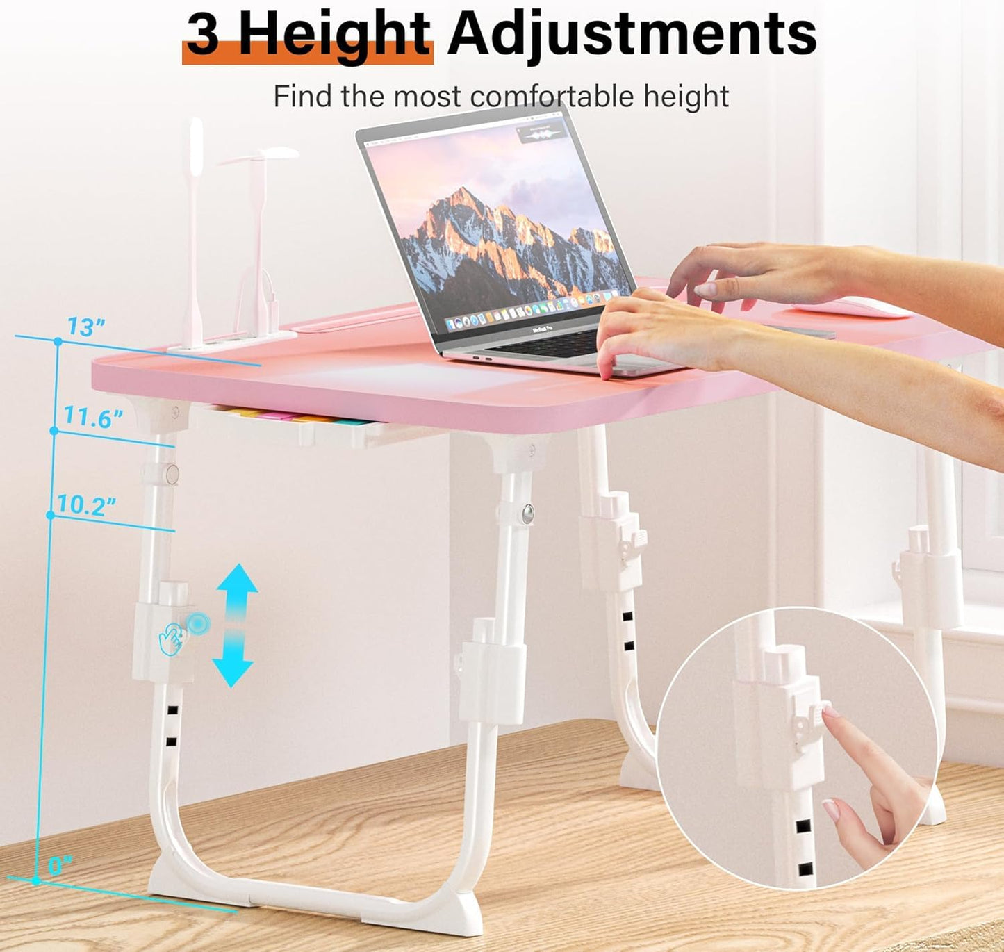 DECOSIS Bed Desk Height Adjustable, Bed Laptop Table with USB/Storage Drawer/Cup Holder/Tablet Stand/Book Shelf, Foldable Breakfast Tray Portable for Reading Writing, Bed, Sofa & Floor, Wood, Pink