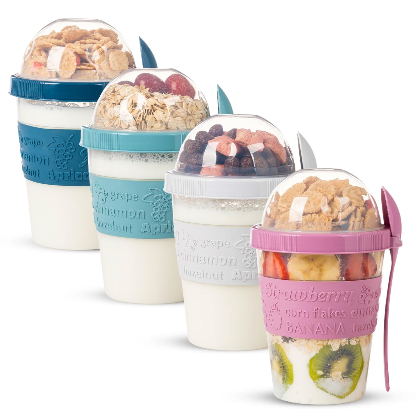 EYNEL 4 Pack Reusable On The Go Yogurt Parfait Cups, Breakfast Plastic Containers with Lids and Spoons, Perfect Jars for Overnight Oats Cereal Granola Oatmeal Smoothies and Snack Prep