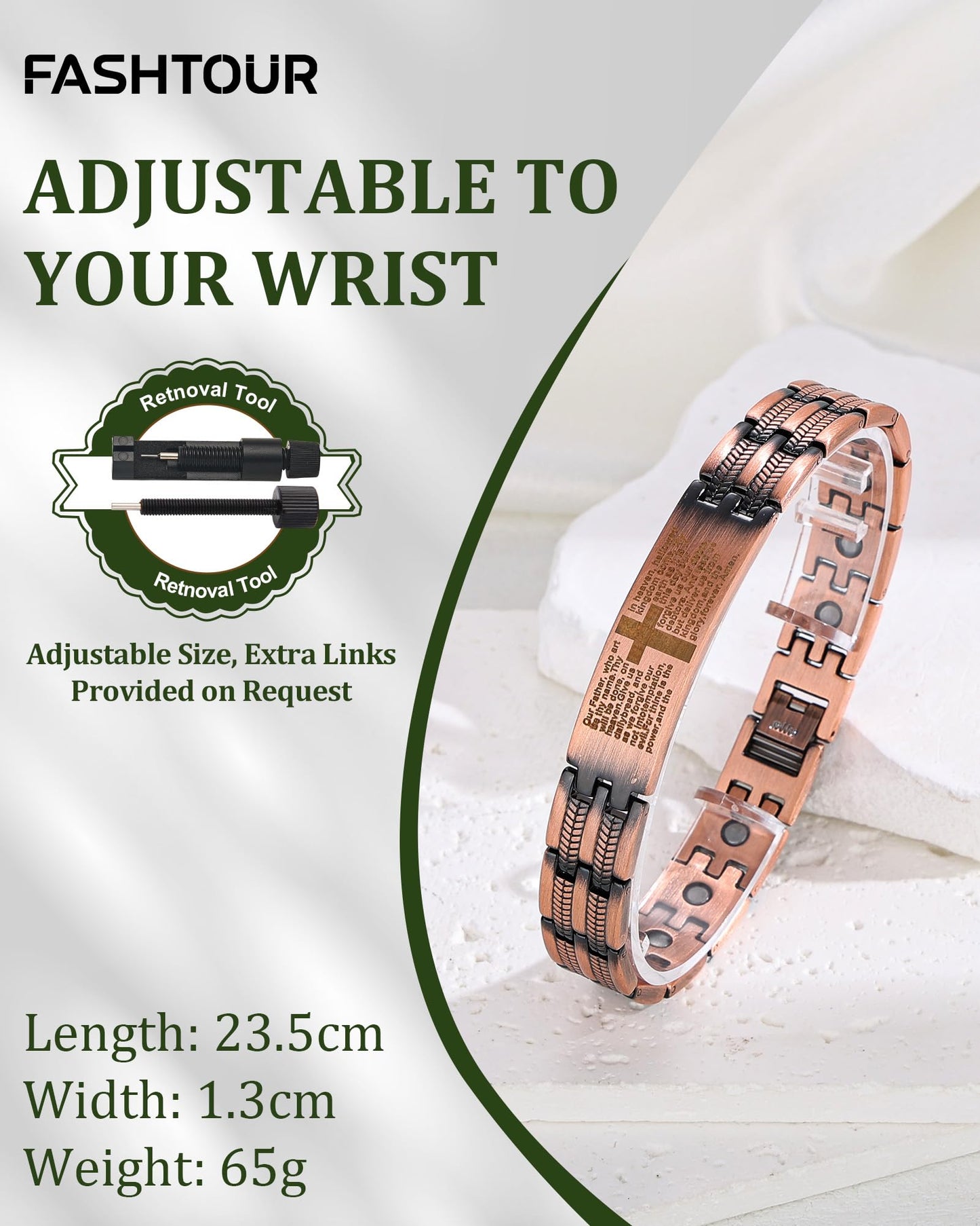 Fashtour Copper Cross Bracelet for Men, Ultra Strength Magnetic Jewelry, Rice-Ear Design Adjustable Copper Biblical Cross Bracelet with Sizing Tool & Box