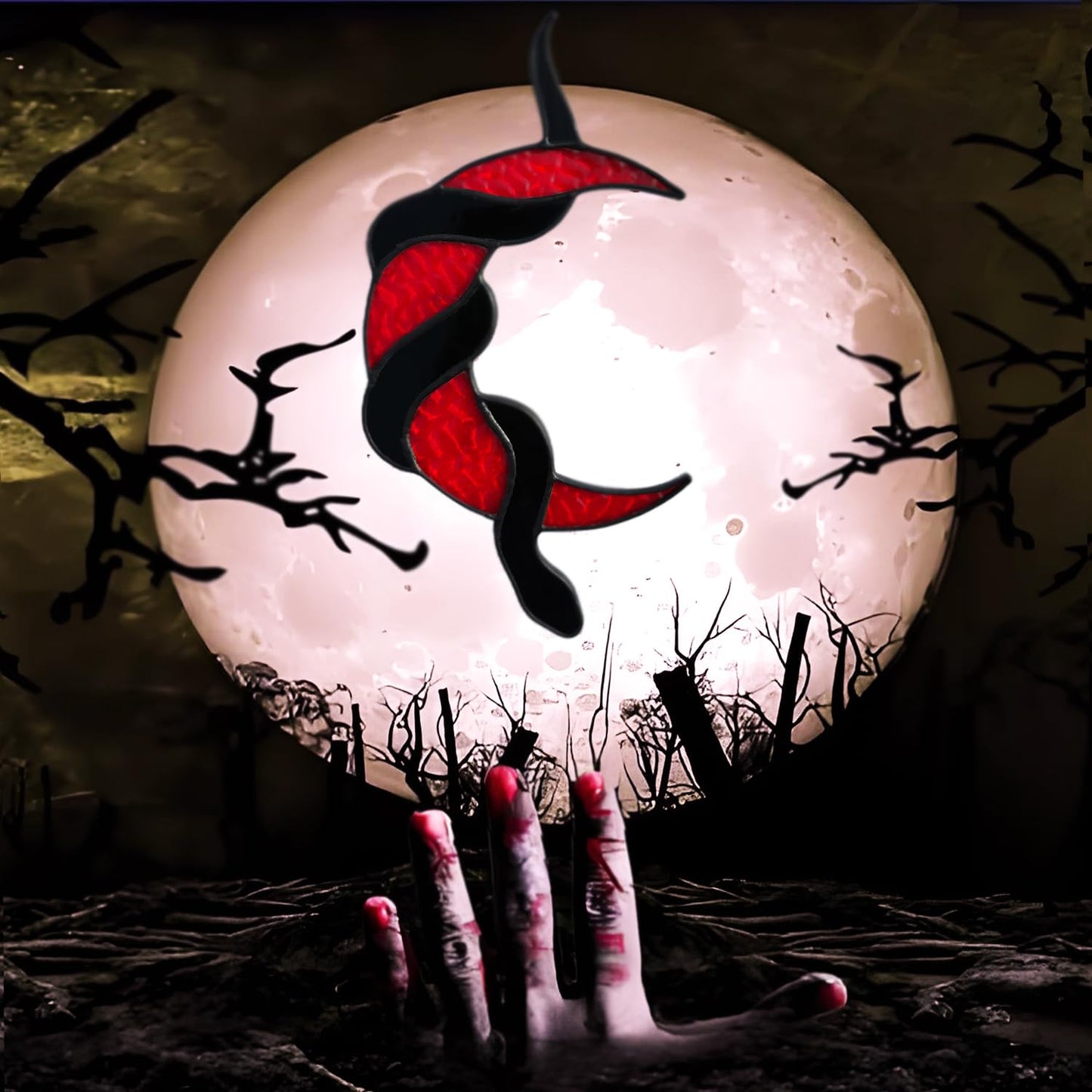 Stained Glass Window Hanging, Moon and Snake, Gothic Decorative Art, Halloween Decorative Gifts