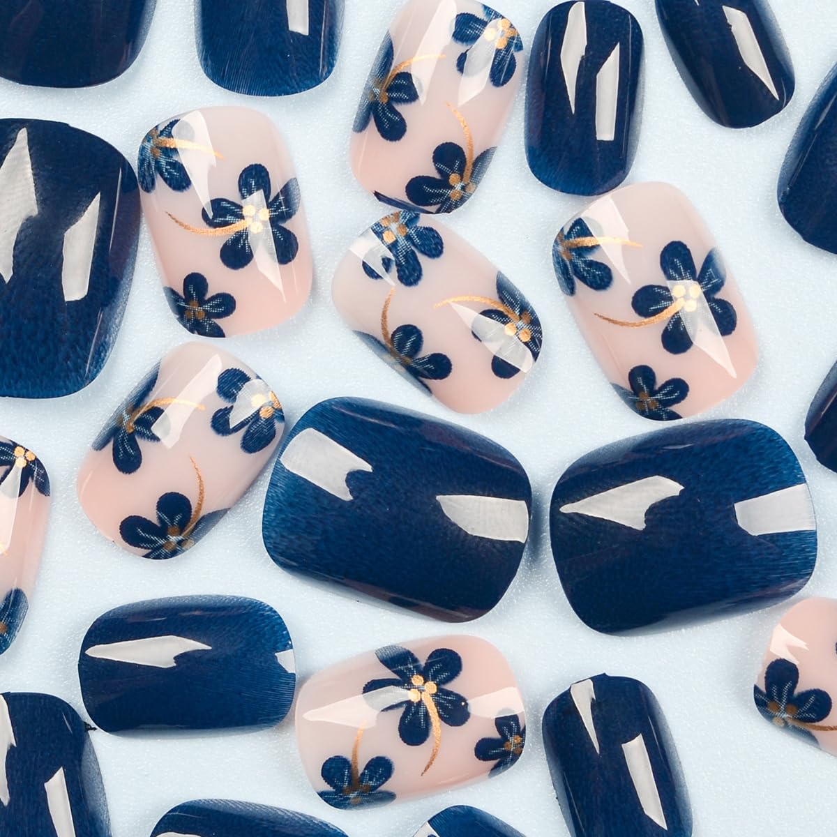 Spring Press on False Nails Blue Fake Nails Short Square Glue on Nails with Gold Chrome Blue Flower Designs Glossy Press ons Stick on Nail for Women Manicure 24Pcs
