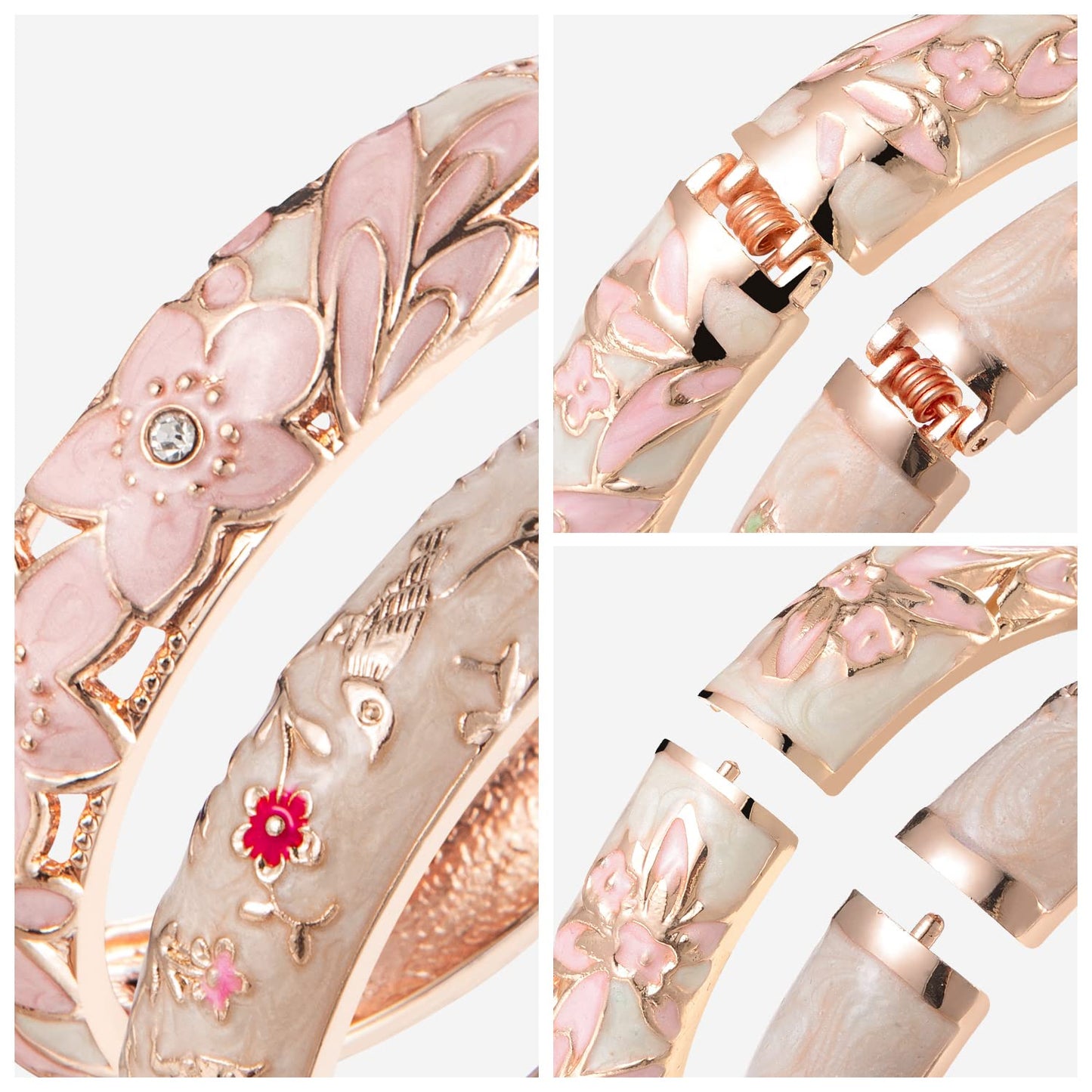 UJOY Colors Handcraft Jewelry Cloisonne Bracelet Enamel Hollowed Flower Bird Spring Hinged Womens Bangles Gifts Box 88A11-55C49 Cream Pink