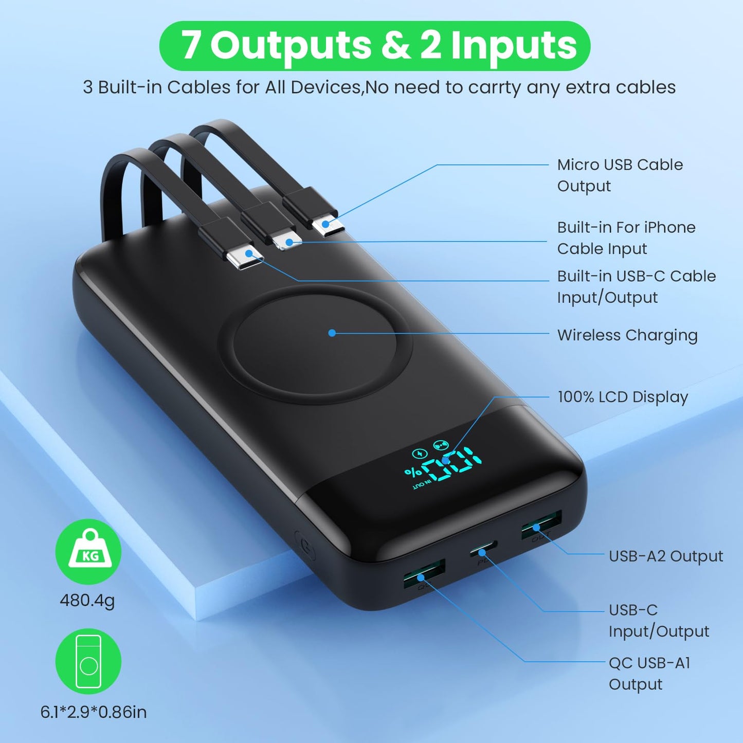 Wireless Portable Charger 40800mAh with 3 Built-in Cables,7-in-1 15W Wireless Charging Power Bank,25W PD QC 4.0 Fast Charging USB C Travel Essentials Battery Pack for iPhone 17/16/15/14,Galaxy,Android