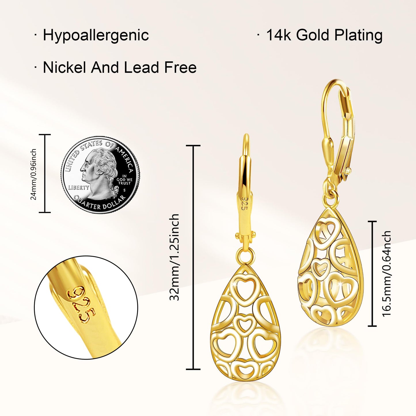 14K Gold Teardrop Dangle Earrings for Women Sterling Silver Tear drop Leverback Earrings Hypoallergenic Sterling Silver Filigree Earing