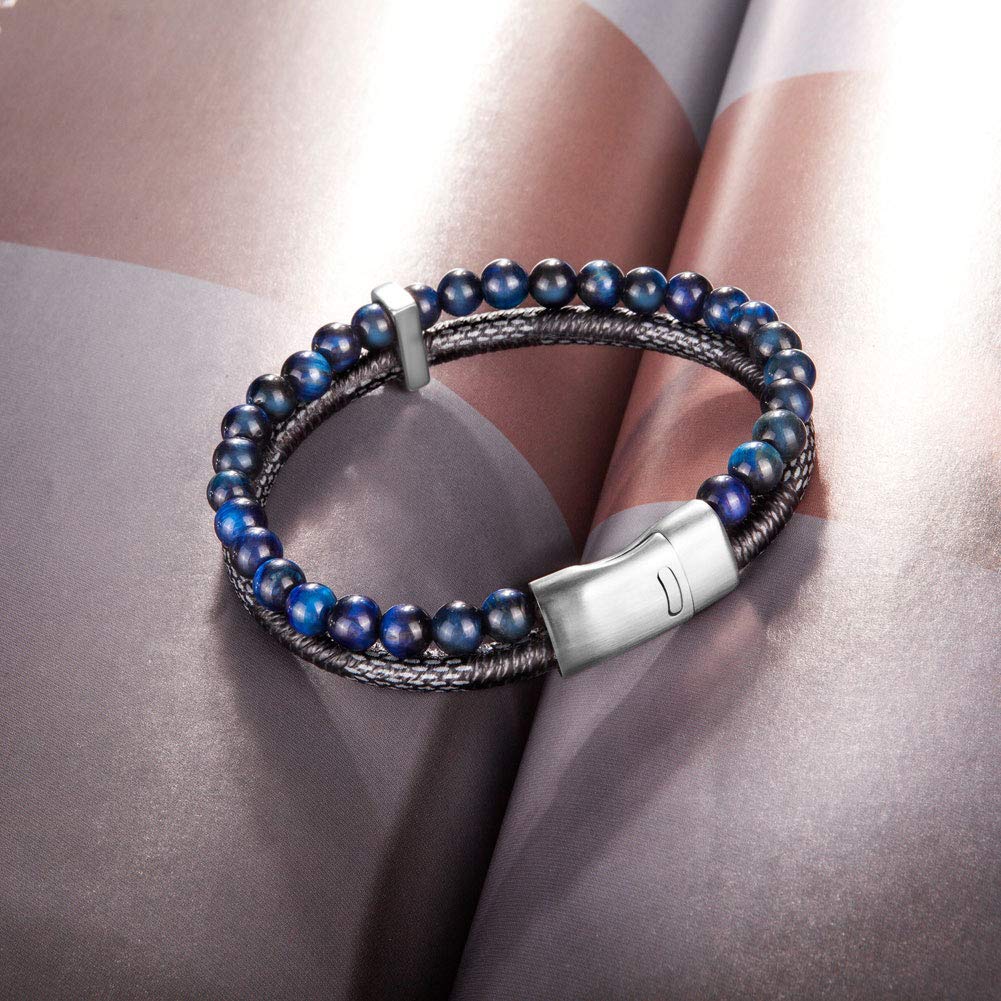 murtoo Mens Bead Leather Bracelet, Blue and Brown Bead and Leather Bracelet for Men (Blue-silver)
