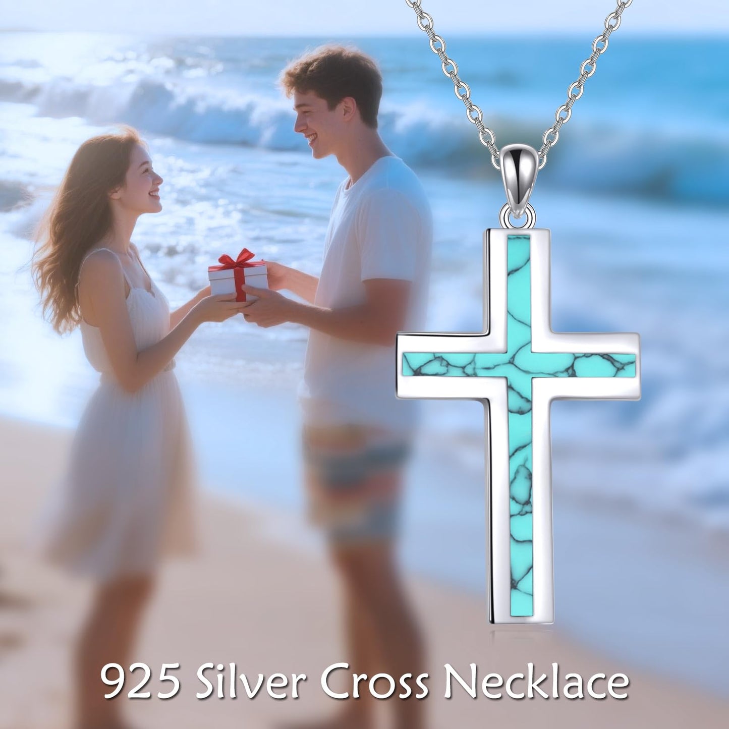 YFN Cross Necklace Sterling Silver Turquoise Cross Pendant Religious Jewelry Gift for Women Men