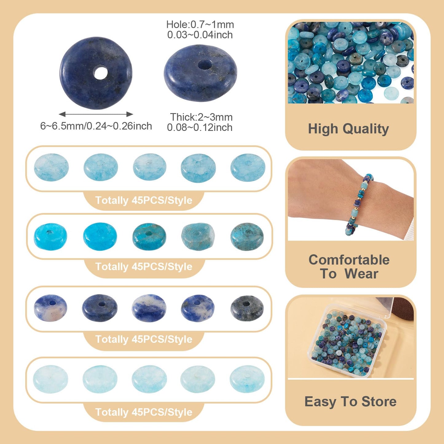 Beadthoven 180Pcs 6mm Natural Gemstone Rondelle Beads Healing Crystals Flat Disc Abacus Smooth Stone Loose Spacers Blue Apatite Sodalite Jade Beads for DIY Bracelet Necklace Jewelry Making