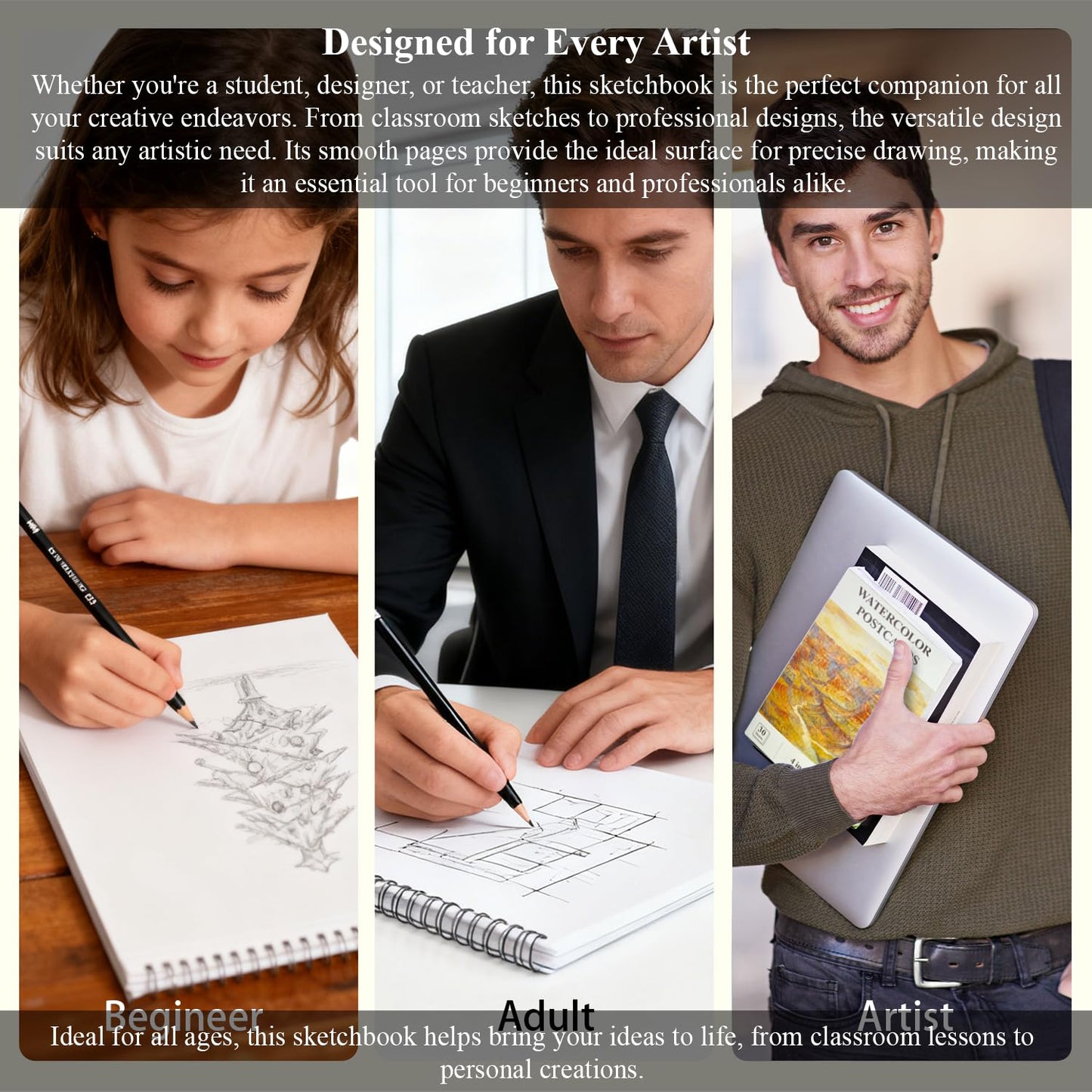 SuFly Sketchbook and Pencils Sets, Sketch Supplies Complete: Sketchbook 9x12, Watercolor Postcards, Graphite (12B-4H), Charcoal Pencils (Hard/Medium/Soft), Sketching Kit for Kids 9-12.