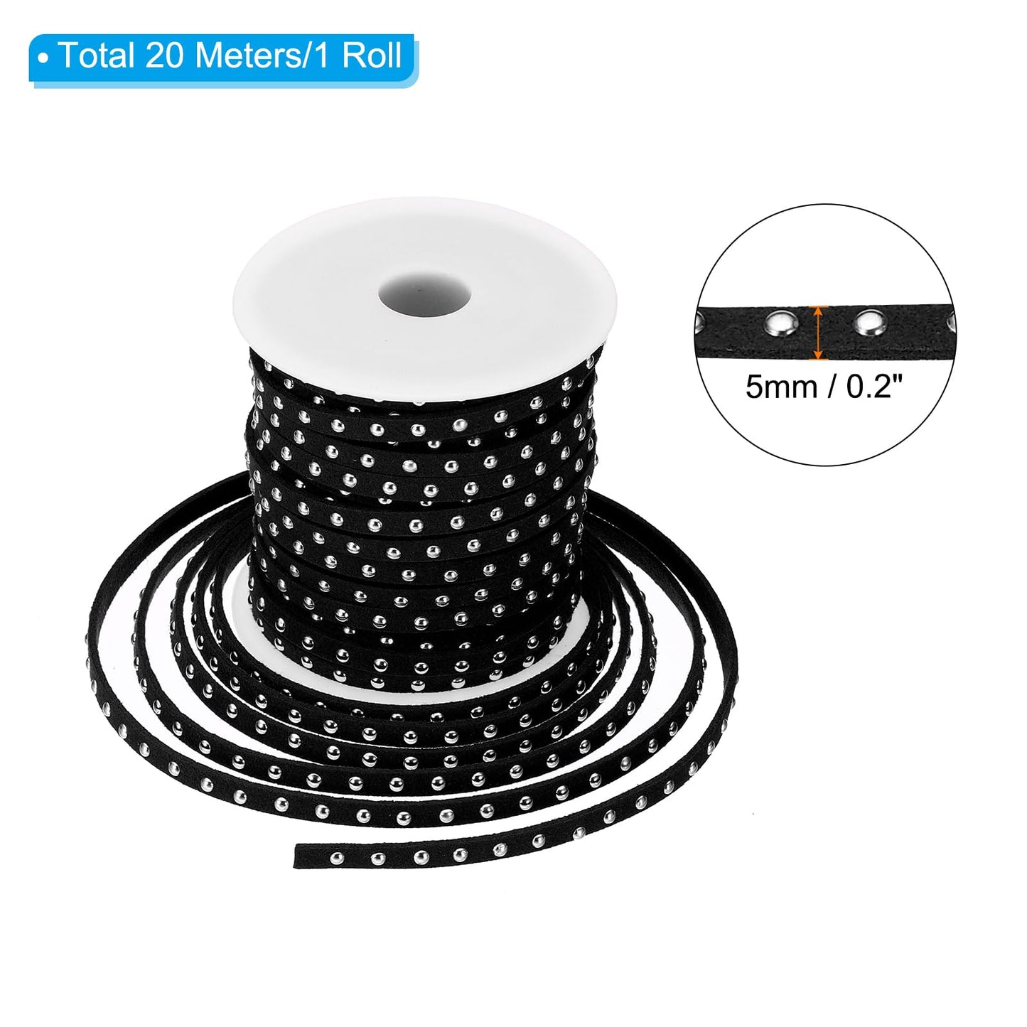 PATIKIL 65.6ft Studded Faux Suede Cord Rope for Jewelry Making, 5mm Micro Fibre Flat Leather Lace Beading String Ribbon with Rivets, Black Silver