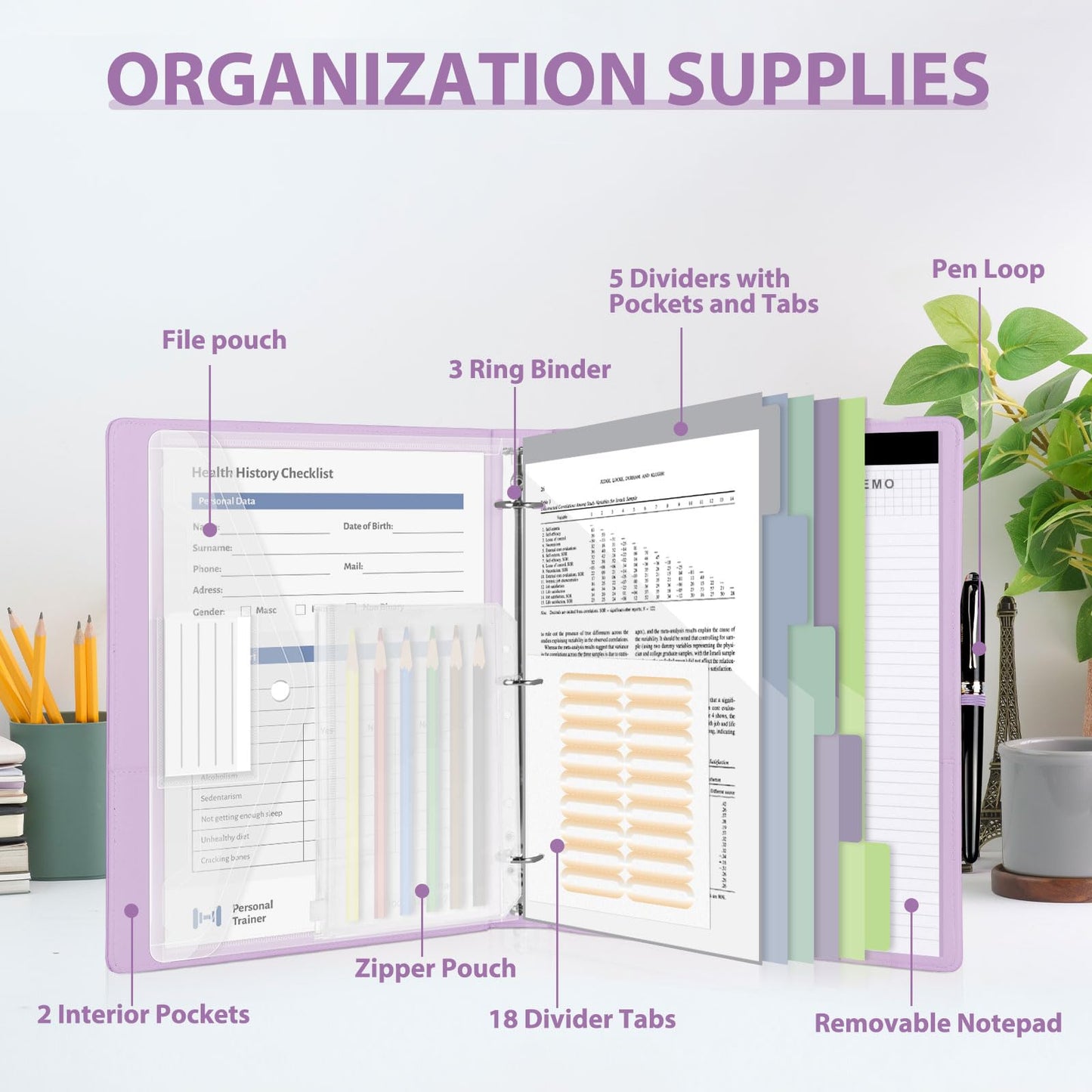 BVSSX 3 Ring Binder with Clipboard,1 Inch Binders with Notepad&5 Dividers with Pockets, Labels,PU Clipboards for School Office(Purple,Letter Size)