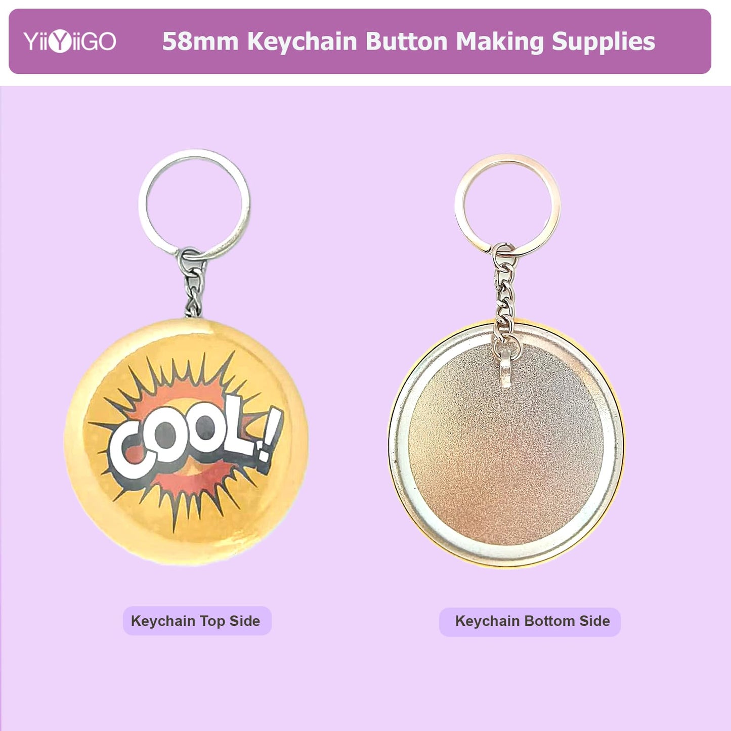 YiiYiiGO Button Maker Keychain Supplies, 50Sets 2.28inch/58mm Keychain Button Making Kit for Pin Maker Machine with Metal Shell Back Cover, Metal Top Cover, Transparent Film