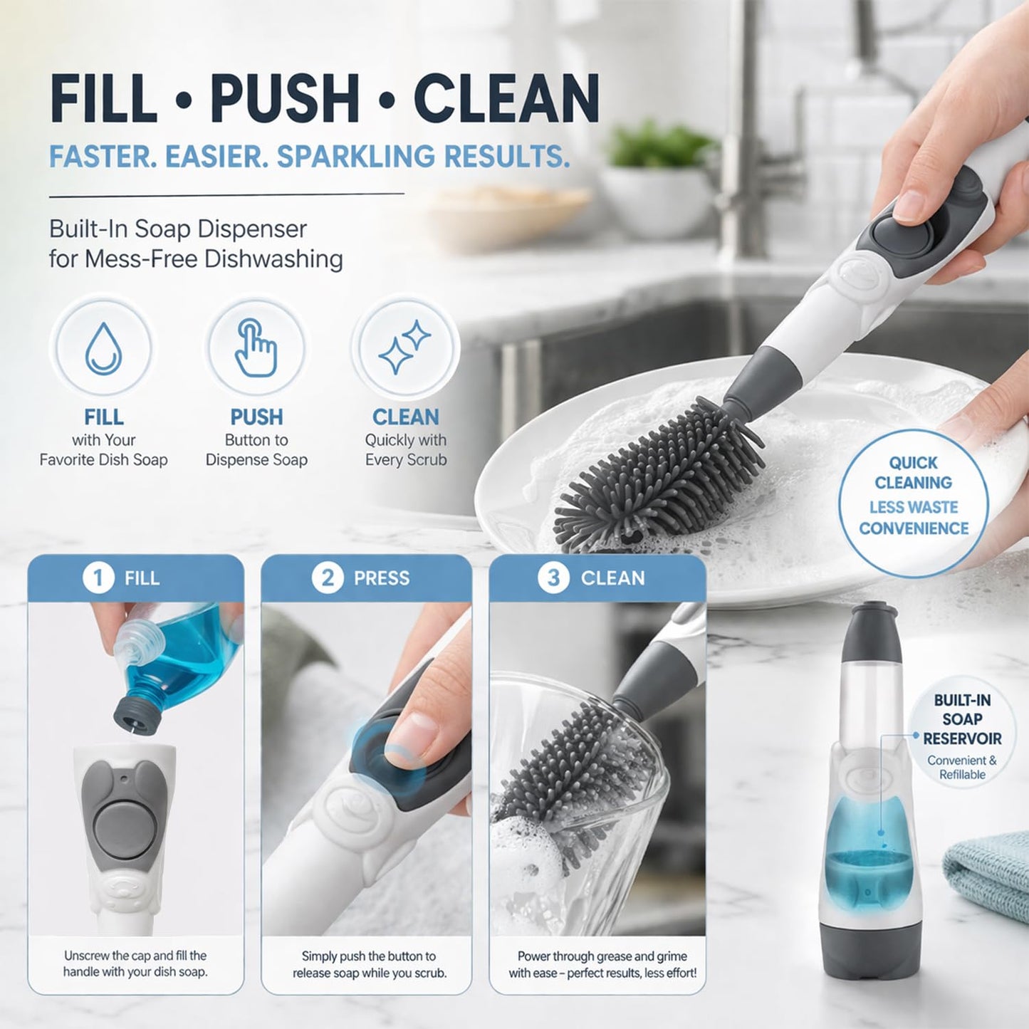 Soap Dispensing Brush Cleaner for Kitchen, Glassware, Mugs, and Plates, BPA Free Silicone Bristles, Portable Comprehensive Multi-Purpose Cleaning