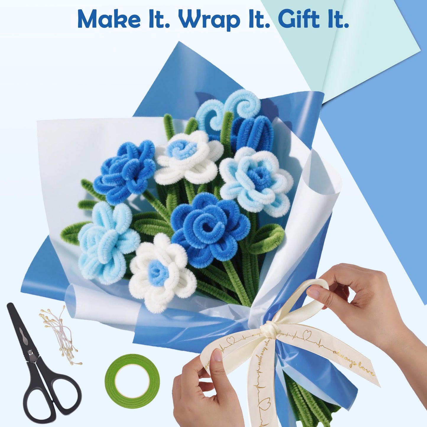 EARLY MINDS 500 Pcs Pipe Cleaners Craft Kit for Flower Making, DIY Bouquet Set with 8mm Chenille Stems, Step-by-Step Tutorial, Floral Wire, Ribbon & Tools for Handmade Gifts and Decor, Blue