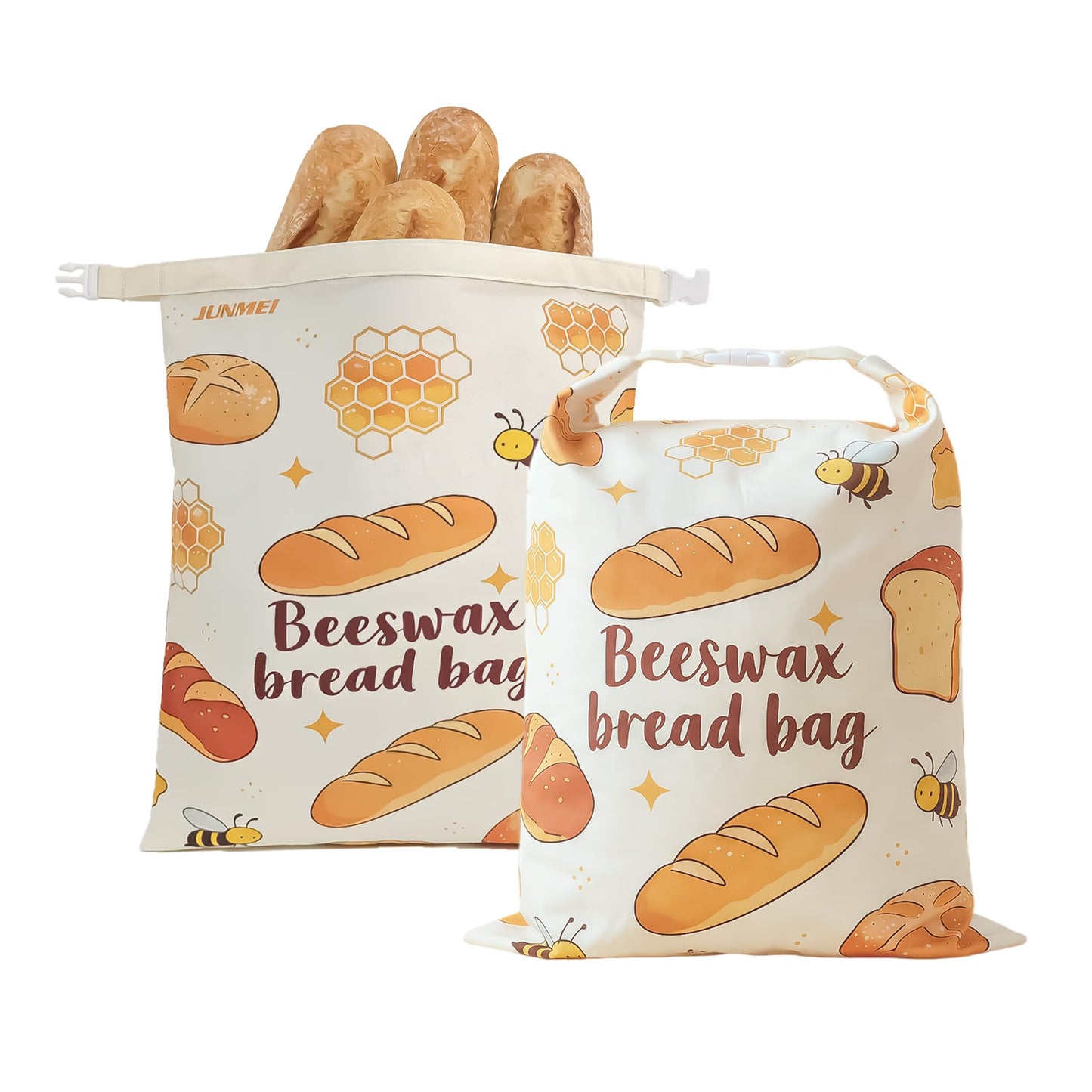 JUNMEI 2 Pack Natural Beeswax Food Wraps, Reusable Organic Cotton Bread Bags with Honeycomb Texture, Plastic Free Storage for Sourdough, Freezer Safe, 12.6x17 Inches