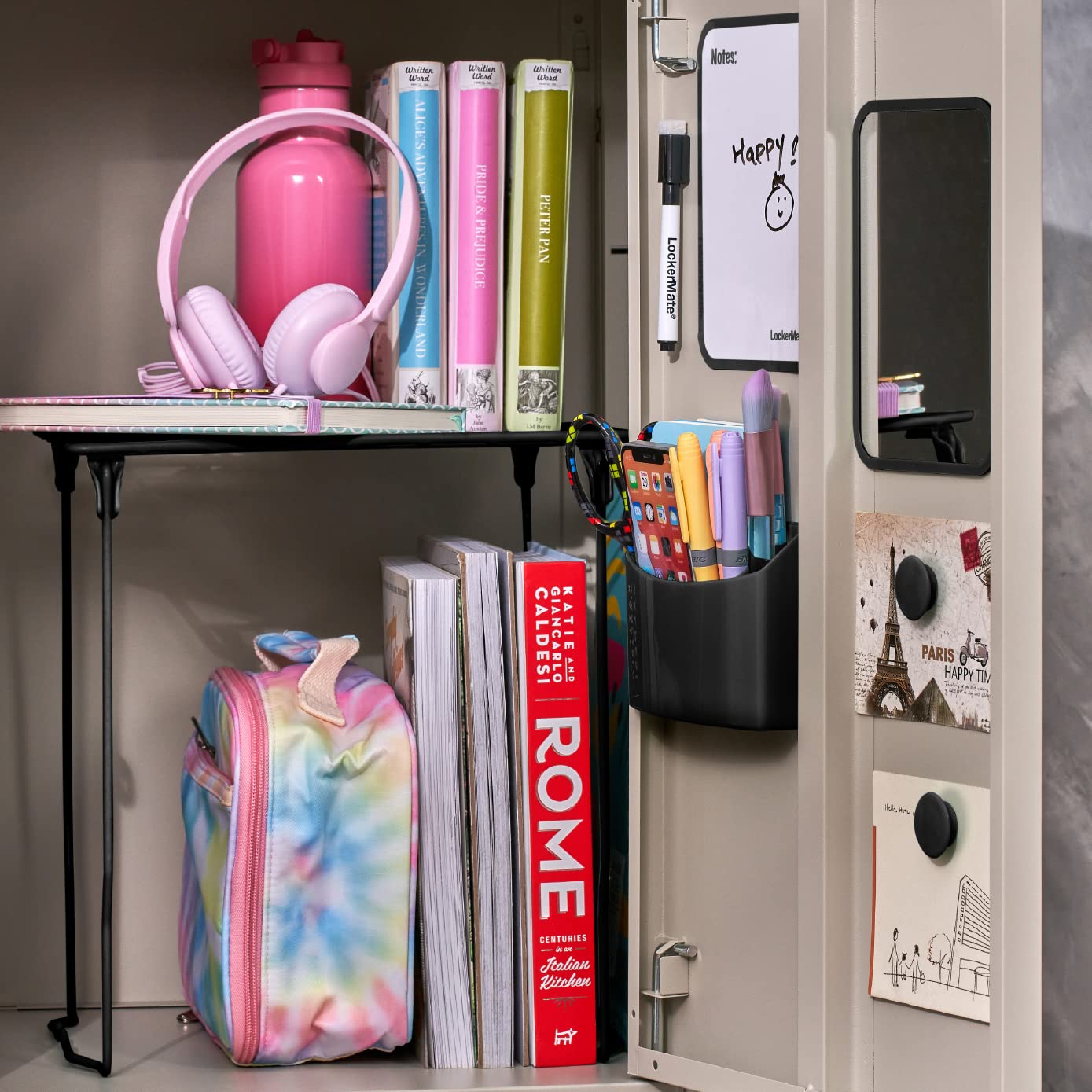 LockerMate 7-Piece Locker Organizer Kit, Includes Locker Shelf, Mirror, Whiteboard, Storage Cup & Dry Erase Marker - Black