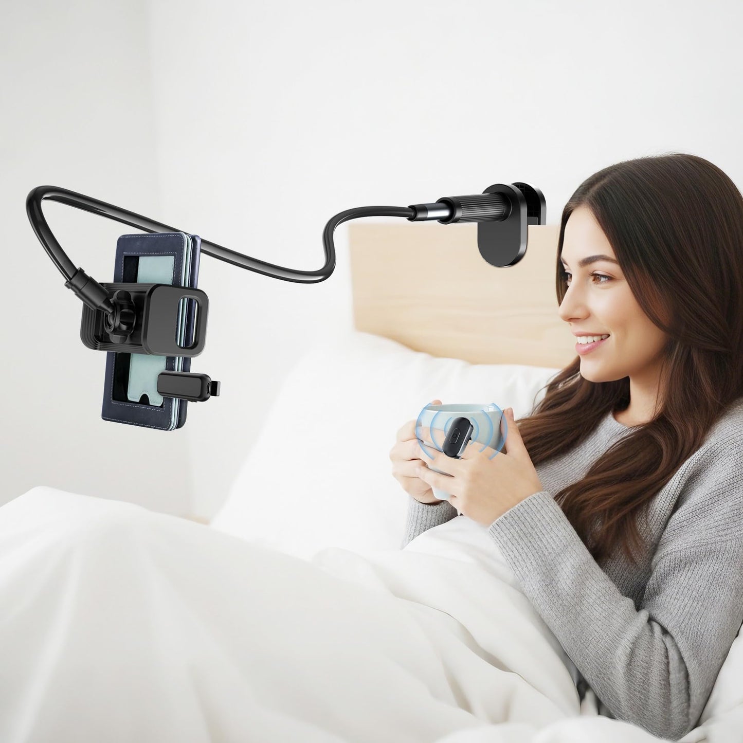 [Case-Friendly] Long Tablet Stand for Kindle with Page Turner Ring Remote, Gooseneck Holder for Reading in Bed with Clicker, eReader Accessories Gift for Readers Compatible with iPad iPhone Fire HD