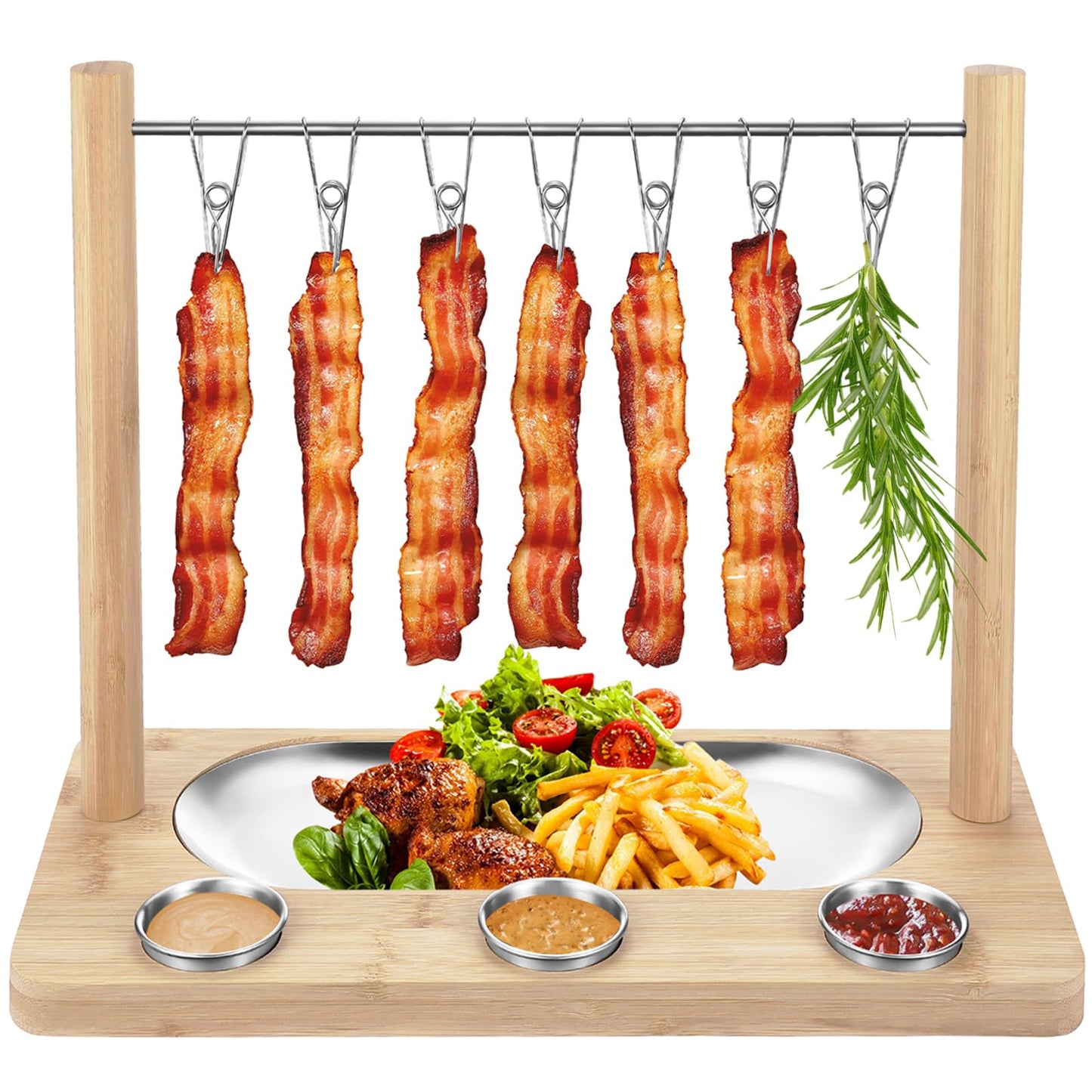 Triceratops Bacon Display Rack, Wood Bacon Serving Dishes, Bacon Hanger Charcuterie Cheese Board with Stainless Steel Serving Platter Tray