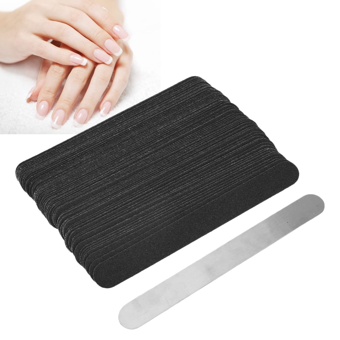 QANYEGN 100Pcs Replacement Nail File Strip Kit, Nail File with Reusable Stainless Steel Base Plate, Abrasive Layer Nail Art Files for Home Salon