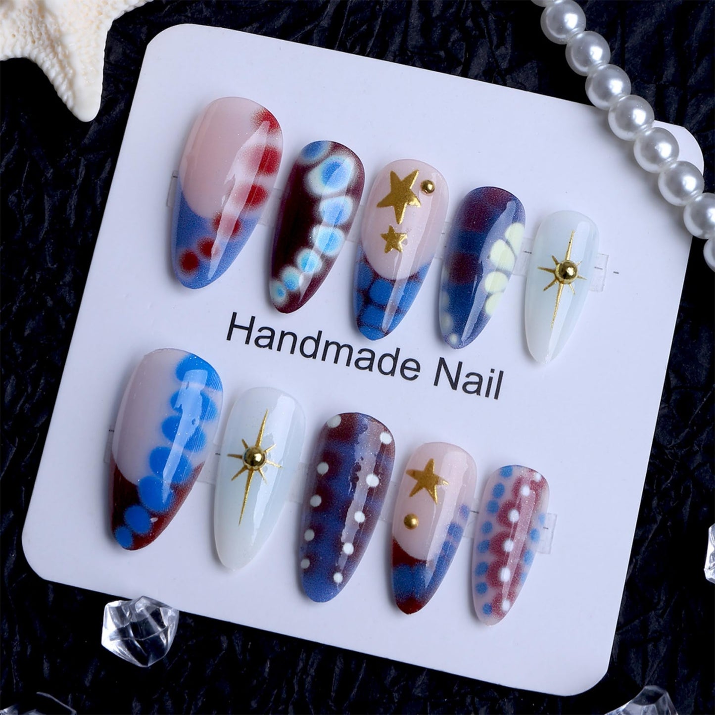 octoswave Press on Nails Long Almond Fake Nails Gold Stars Artificial Nail Glossy Spot Stick on Nail for Women 24pcs