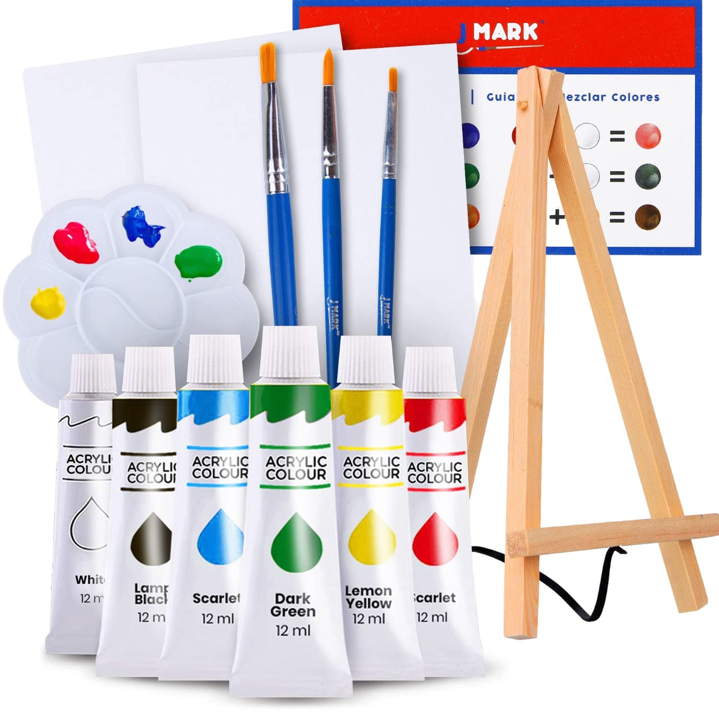 J MARK Paint and Canvas Set – Mini Canvas Acrylic Painting Kit with Wooden Easel, Canvases, Acrylic Paint, Brushes & Palette, Canvas Paint Set, Painting Kit for Adults & Kids