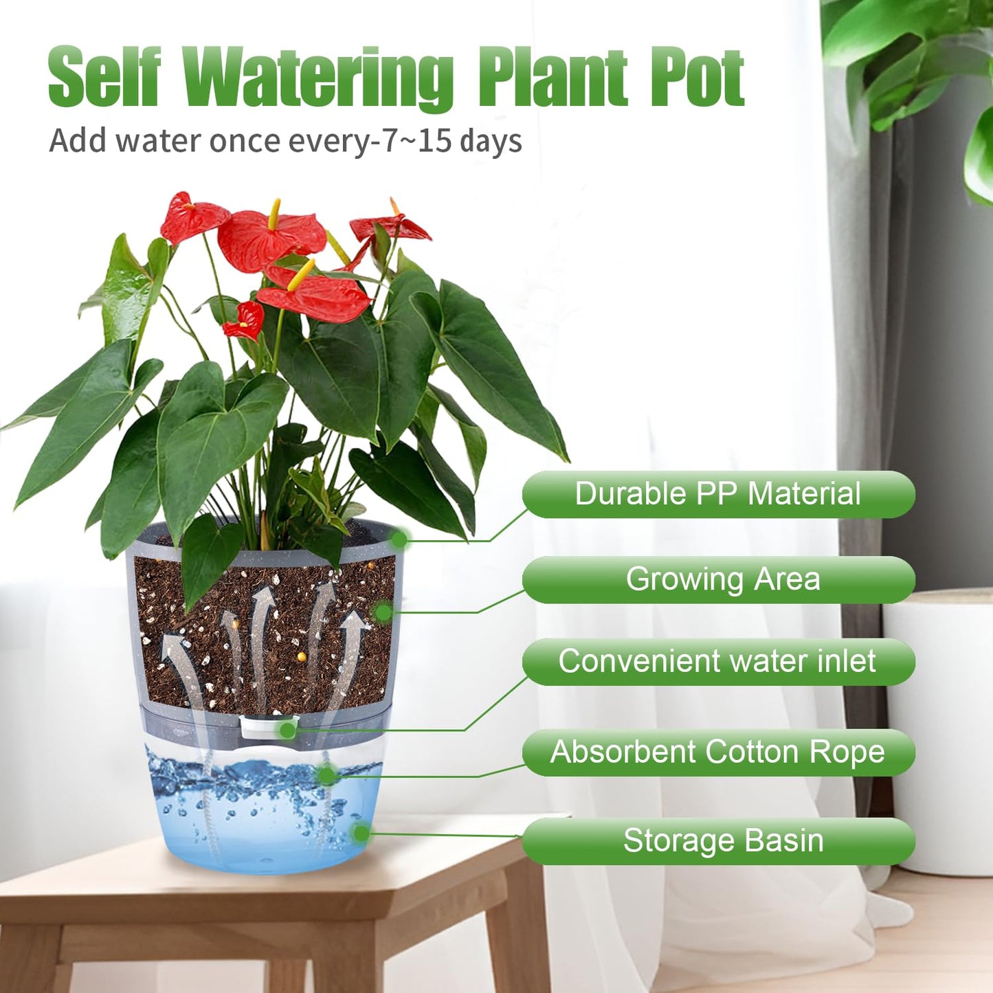 Oliz 6 Inch Self Watering Pots for Indoor Plants, 6 Pack Grey Plastic Flower Pots with Drainage Holes for African Voilet Herbs All House Plants (Include 1 Spray Bottle)