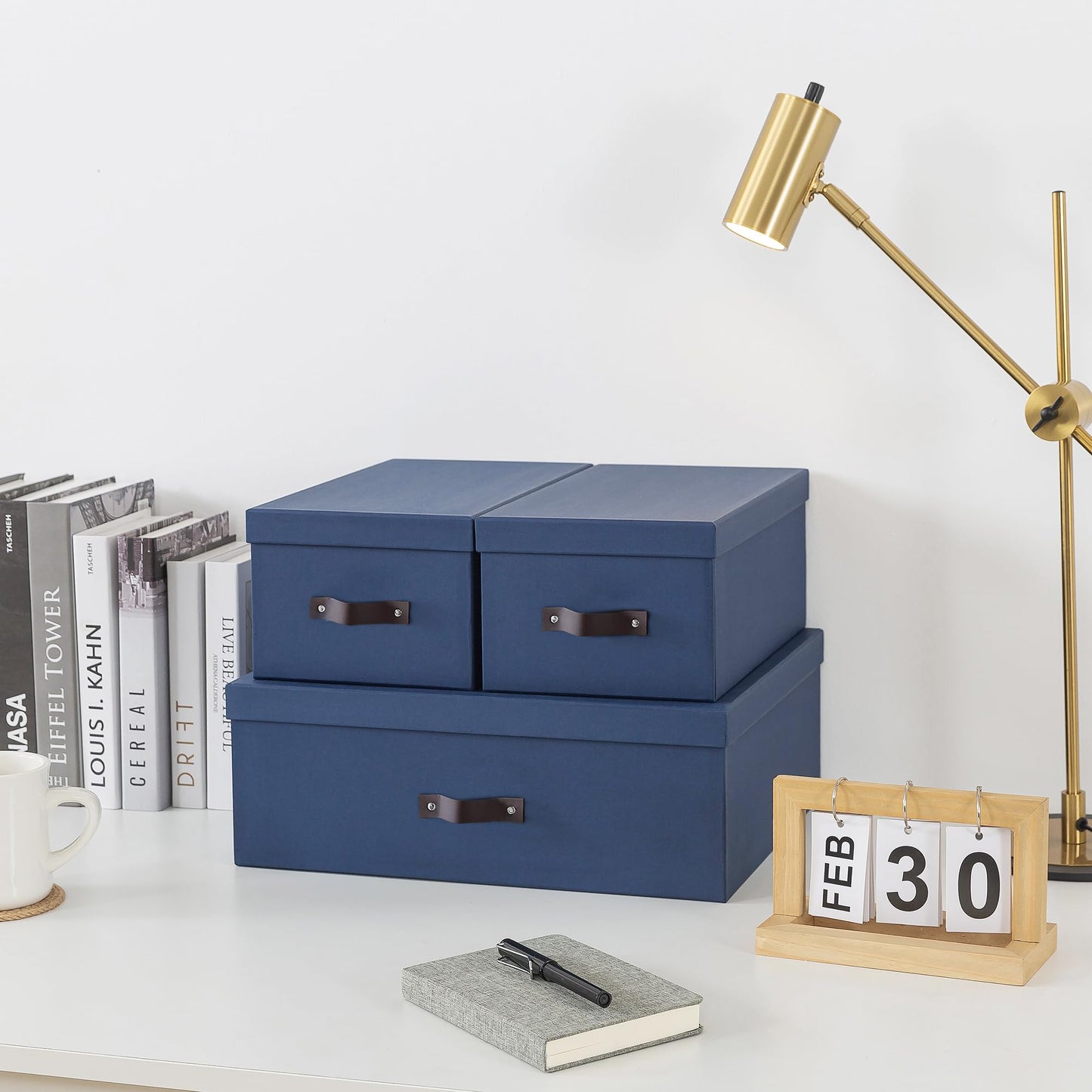 Soul & Lane Decorative Storage Boxes with Lids - Set of 3 (One Large and Two Medium), Sturdy Cardboard Organizers for Photos, Versatile Boxes with Handles for Office & Home, Navy