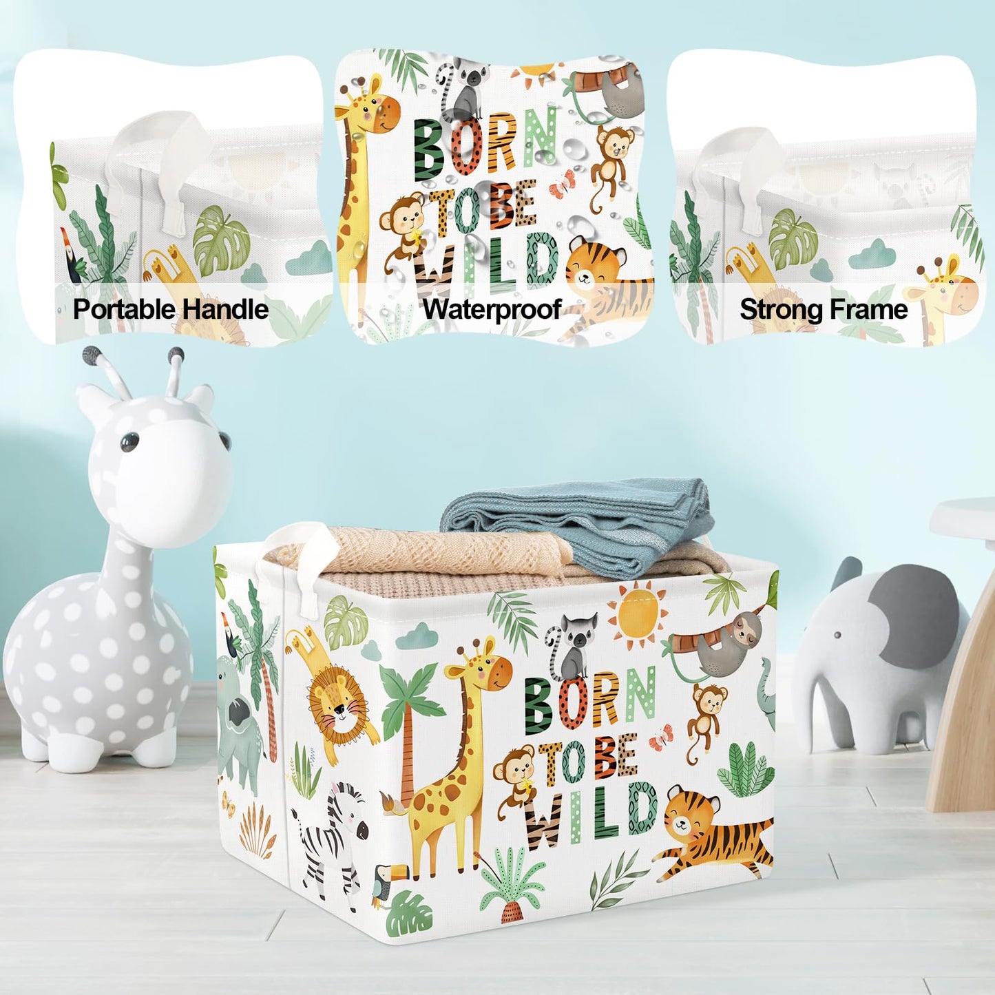 Clastyle 36L Boho Tropical Animal Tree Elephant Kid Storage Basket Rectangle Giraffe Lion Tiger Clothes Toy Nursery Bin Book Shelf Basket