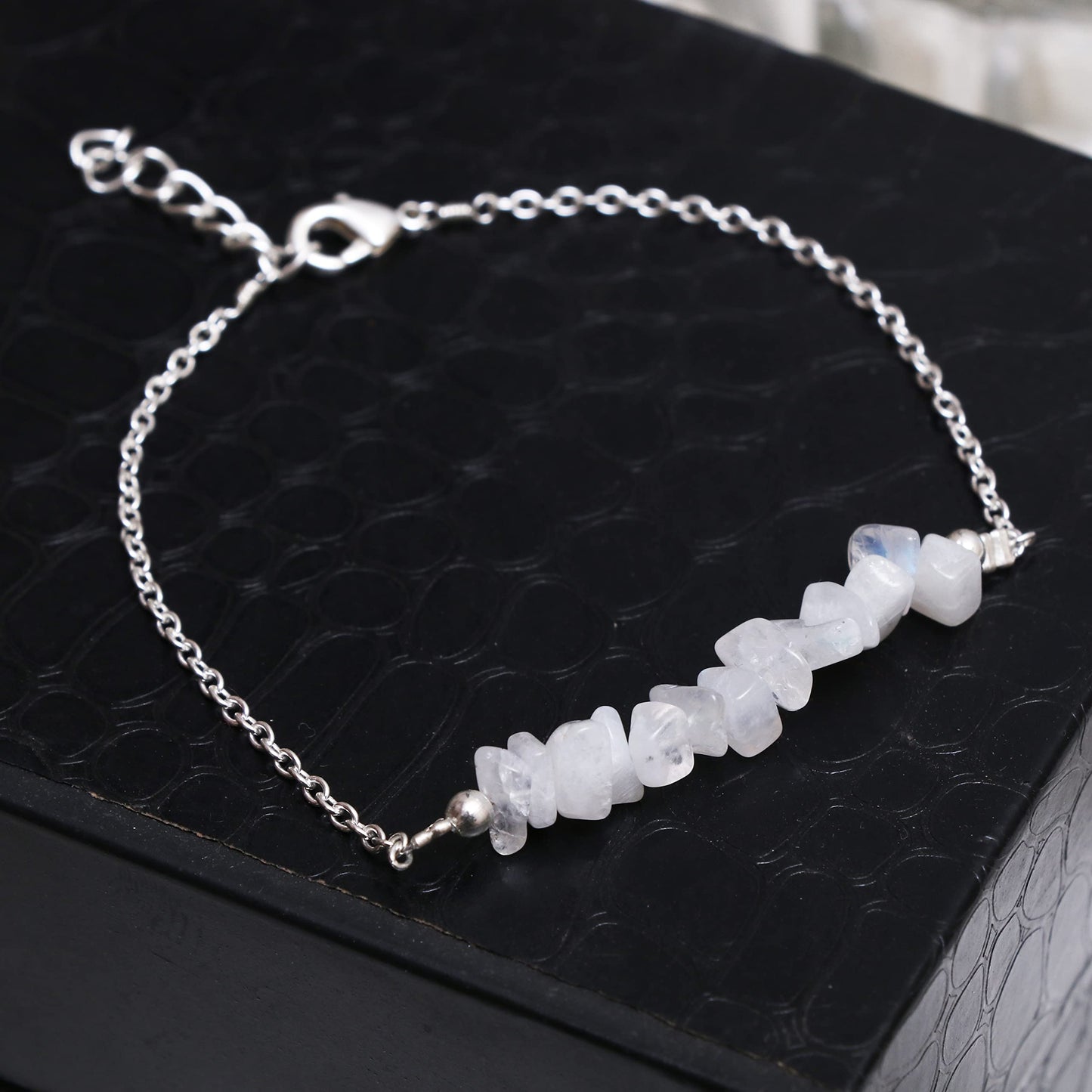 Gempires Natural Gemstone Chip Bar Bracelet for Women, Crystal Healing Bracelet, Multiple Gemstone Options, Adjustable Yellow Gold Plated Chain (7” + 1” Extender), Dainty Stackable Jewelry Gift for Her (Moonstone)