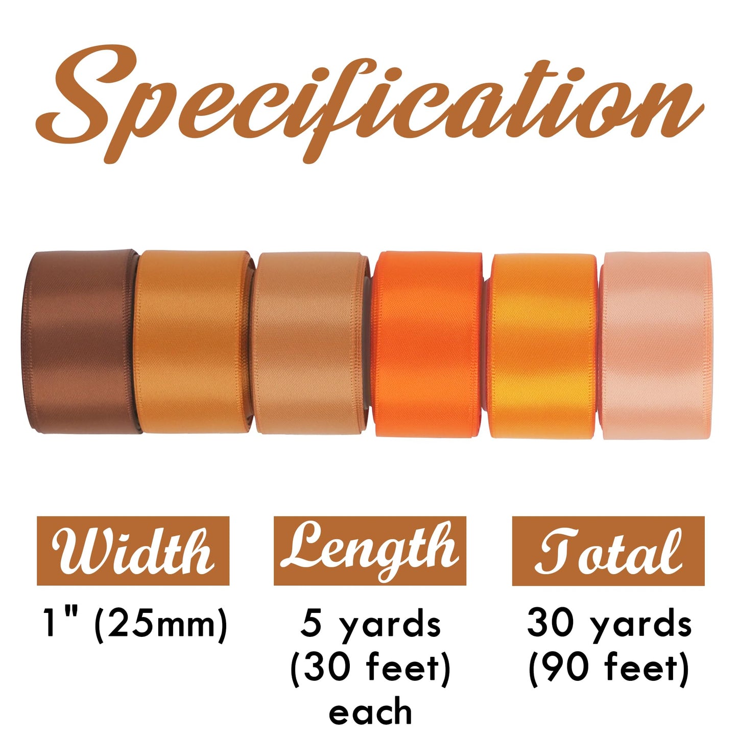 HUIHUANG Terracotta Ribbon 1 inch Orange Double-Faced Satin Ribbon Pack 6 Rolls, Silk Satin Ribbons for Fall Wedding Flower Bouquet Wrap Hair Bows Making Gift Wrapping and Crafts- Total 30 Yards