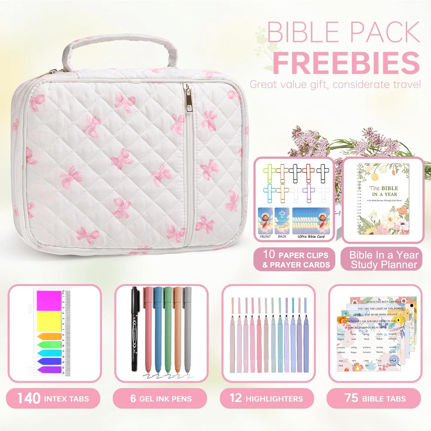 Bible Cover Set with Handle, Large Quilted Bible Bag for Women Girls, Bible Study Supplies Kit with Tabs, Pens, Sticky Notes, Study Planner & Scripture Cards, Christian Gifts for Devotional Journaling