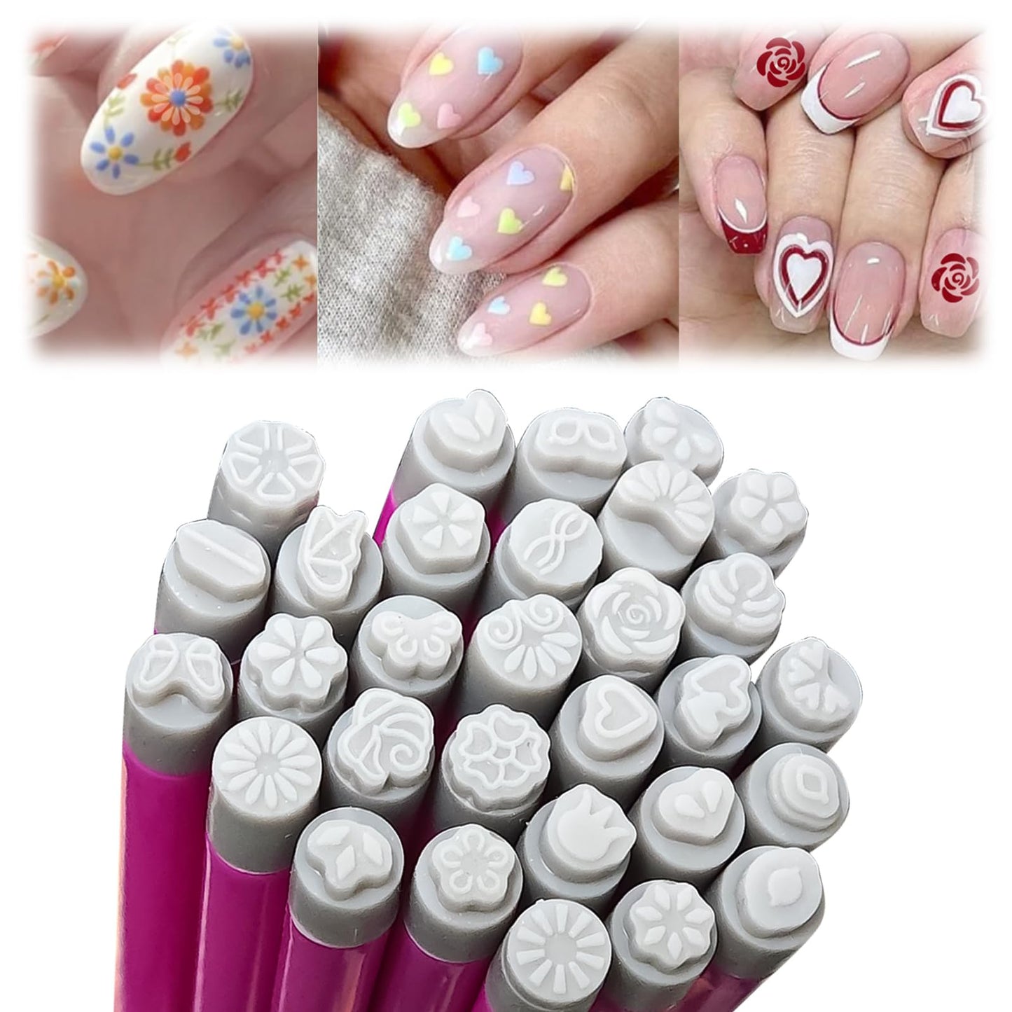 ESUOHYM Nail Art Stamp Pen Set Butterfly Flower Nail Stamper Pen 3s Quick Nail Art Tools with Different Patterns, For Beginner DIY Salon Manicure (Rose Red, Large Pack)