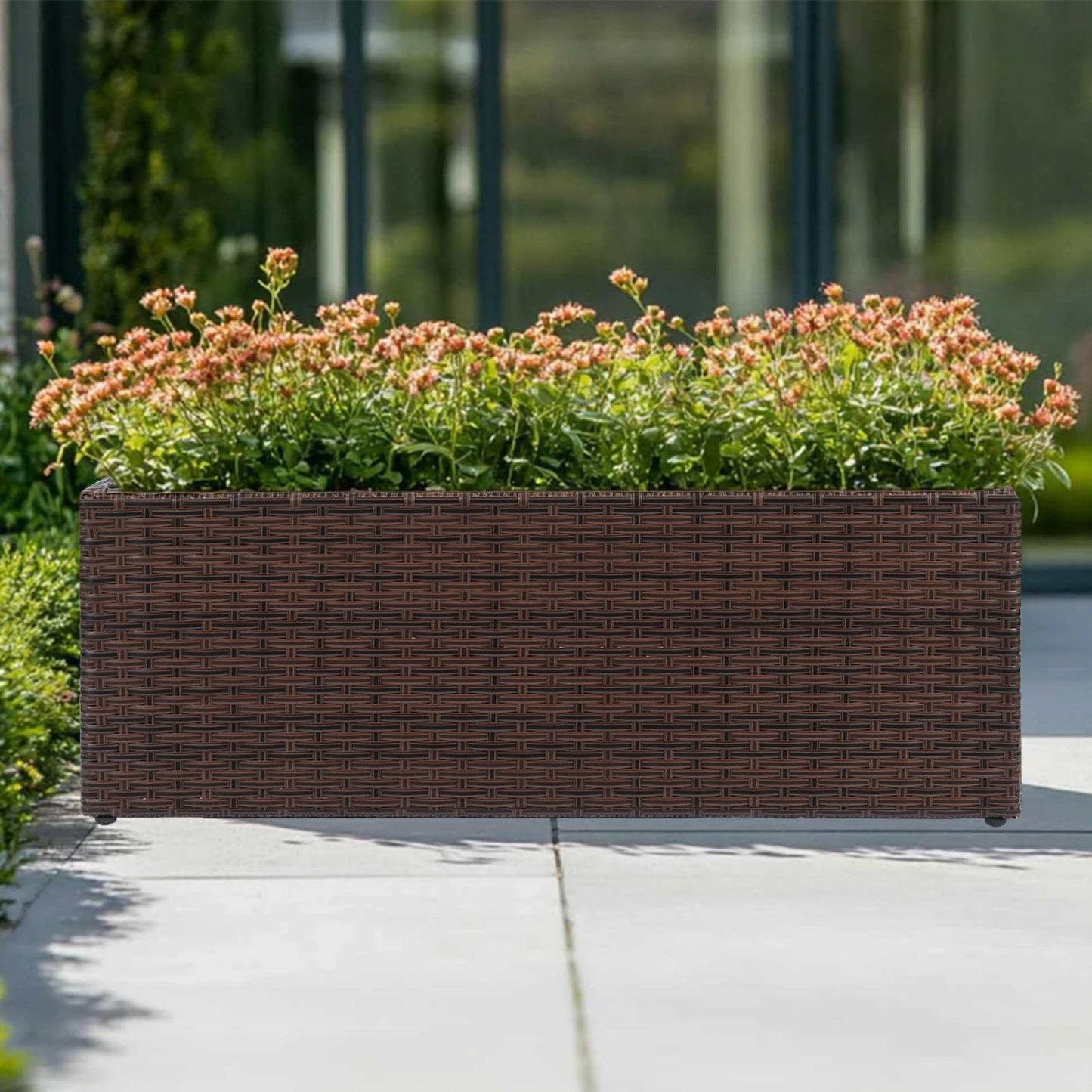 SUNNYPARK Brown Rectangular Planter Box All-Weather PE Rattan Large Modern Planters with Removable Liner Indoor Outdoor Decorative Flower Pot for Patio, Balcony, Garden