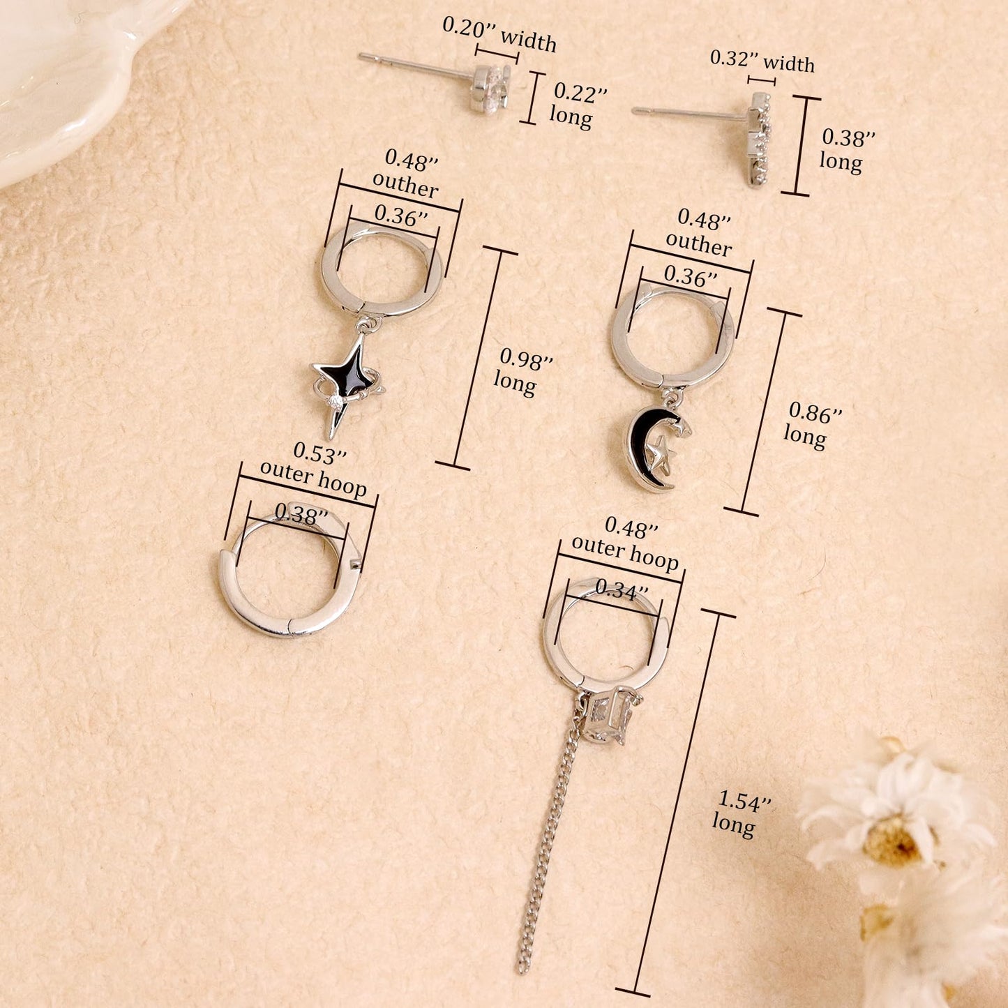 Frigotine 3PCS Silver Star Hoop Stud Earrings Stack Set for Women, Dainty Rhinestone Star Black Enamel Moon Planet Tassels Multiple Piercing Cartilage Prom Fashion Jewelry Gift