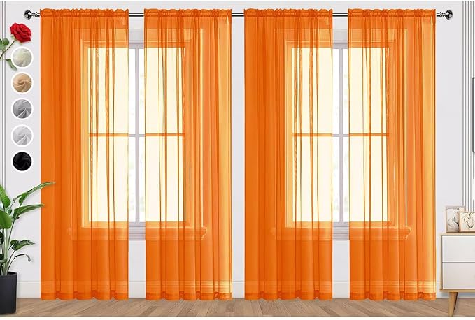 SpaceDresser Orange Sheer Curtains 4 Panels Rod Pocket Semi-Sheer Curtain 63 Inches Long Light Filtering Voile Window Drapes for Bedroom Living Room Kitchen, Each 52W x 63L