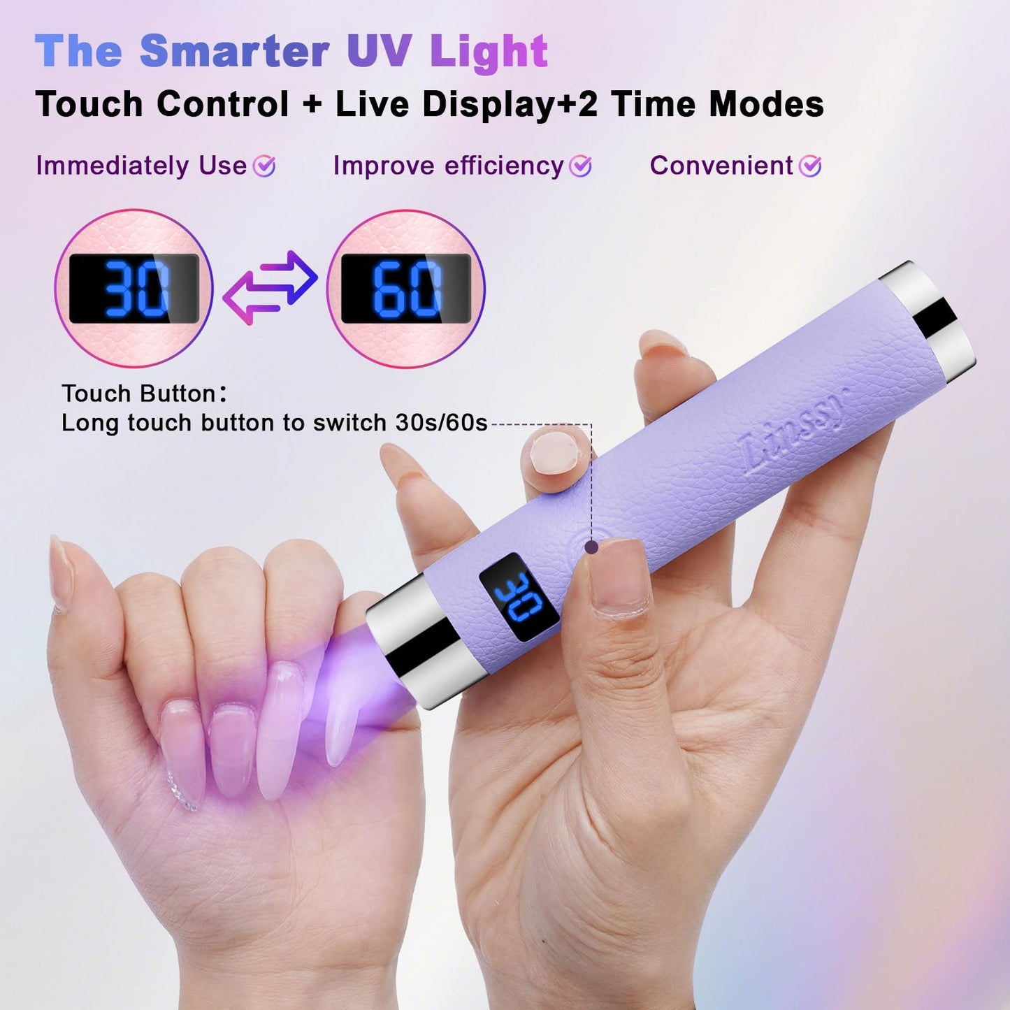Linssy Mini UV Light for Nails with Auto Sensor & Gooseneck Stand,Portable Cordless Nail Lamp Flash Cure Lamp with LCD Display,Handheld UV Light for Gel Nails at Salon & Home Use (Purple)