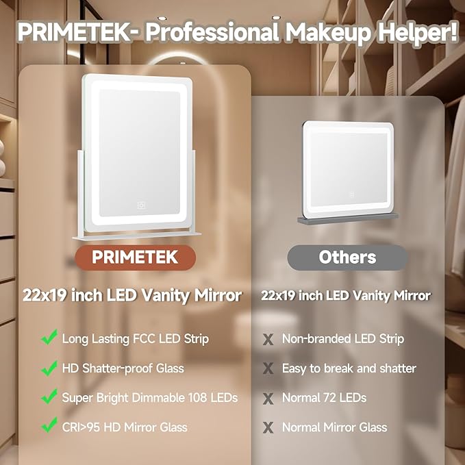 PRIMETEK Vanity Mirror with Lights, 19"x22" Large Makeup Mirror with Lights, LED Lighted Makeup Mirror, Touch Screen with 3-Color Lighting, Dimmable for Vanity Desk Tabletop, Bedroom, White