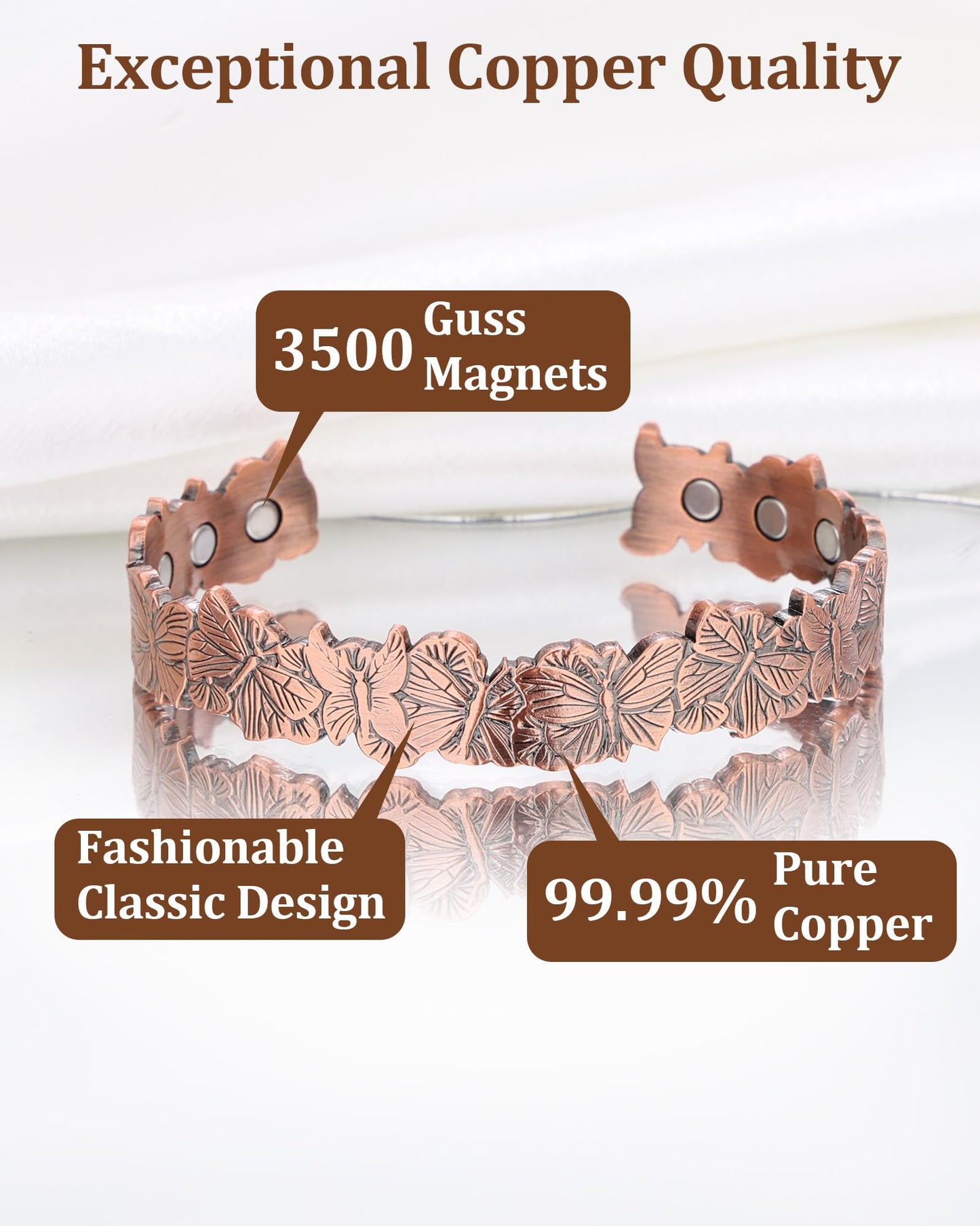 BioMag Magnetic Copper Bracelet for Women Men, 99.99% Pure Copper Cuff Bangle with 6 Pcs 3500 Gauss Magnets, Adjustable Jewerly Gift (Copper-Butterfly)